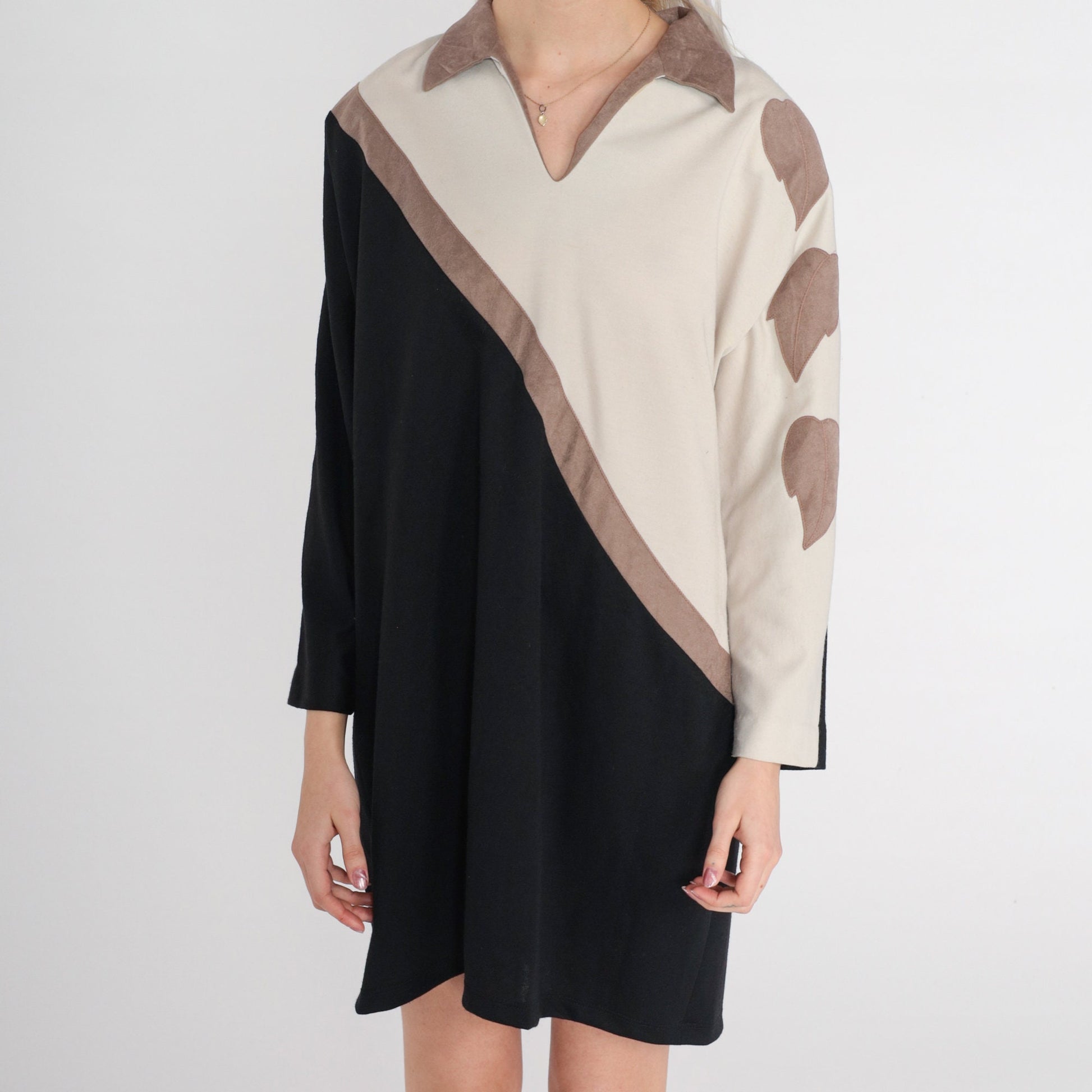 70s Shift Dress Faux Suede Leaf Print Colour Block Mini Black Beige Large