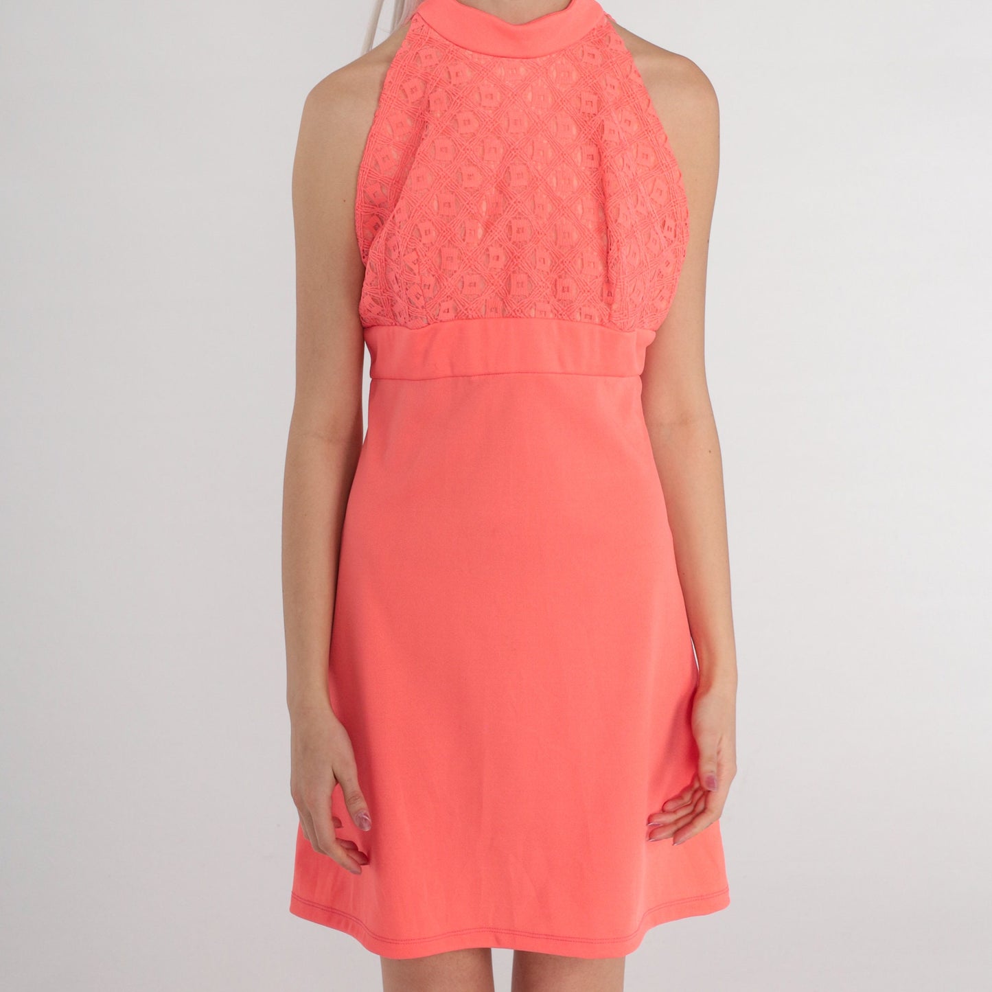 70s Hot Salmon Pink Lace Mini Dress Empire Waist Mock Neck Small
