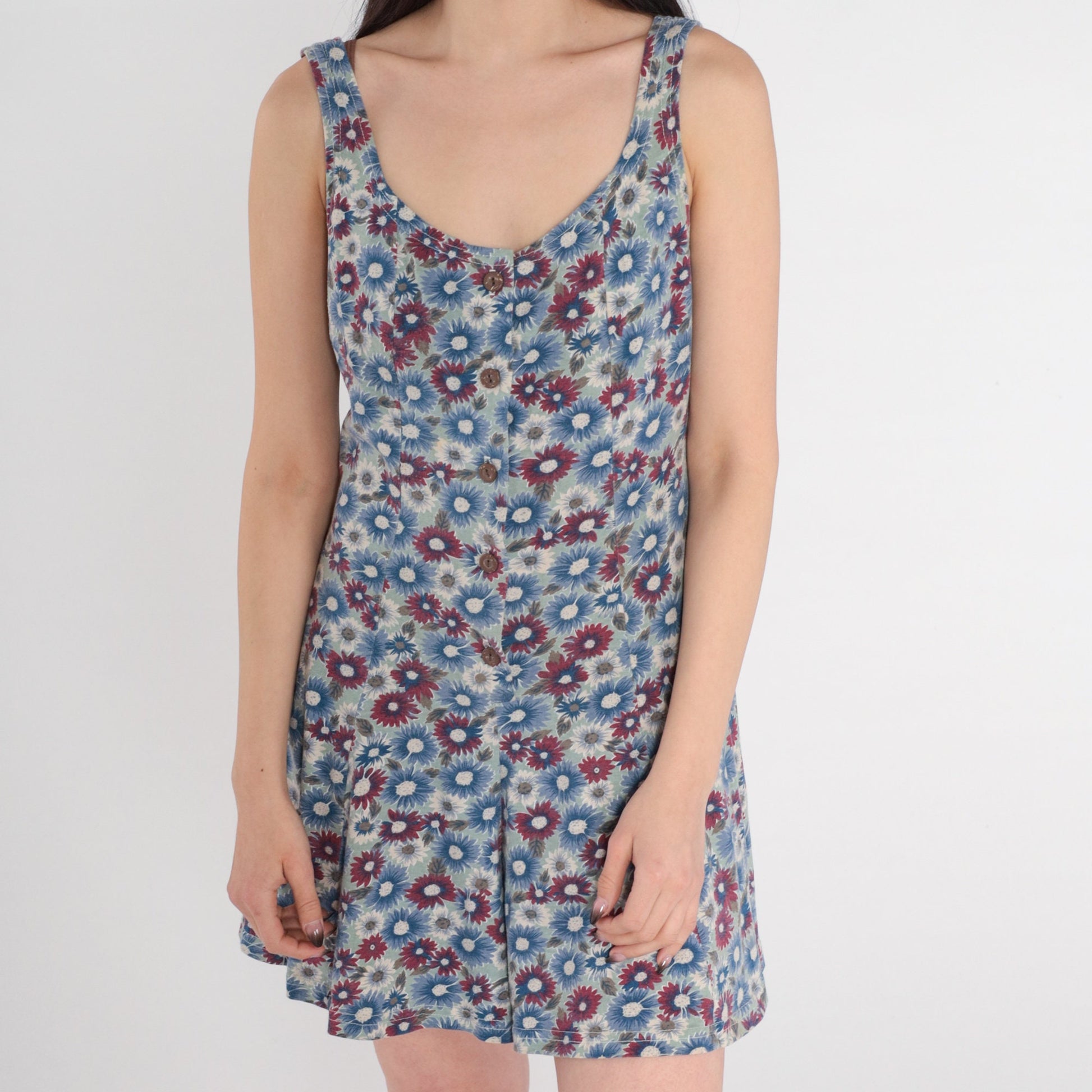 90s Floral Button-Up Romper Sleeveless Wide Leg Blue Red Daisy Small