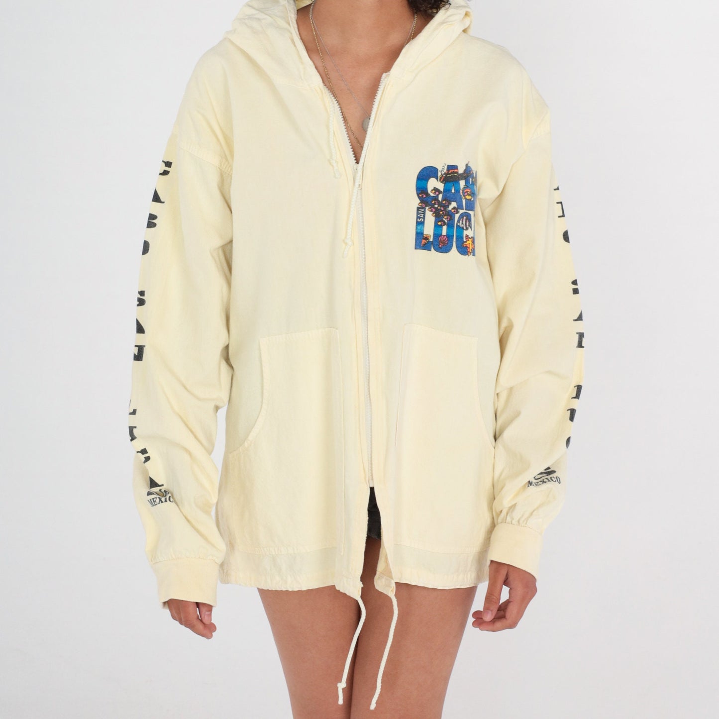 90s Cabo San Lucas Windbreaker Jacket Pale Yellow Hooded Cotton XL