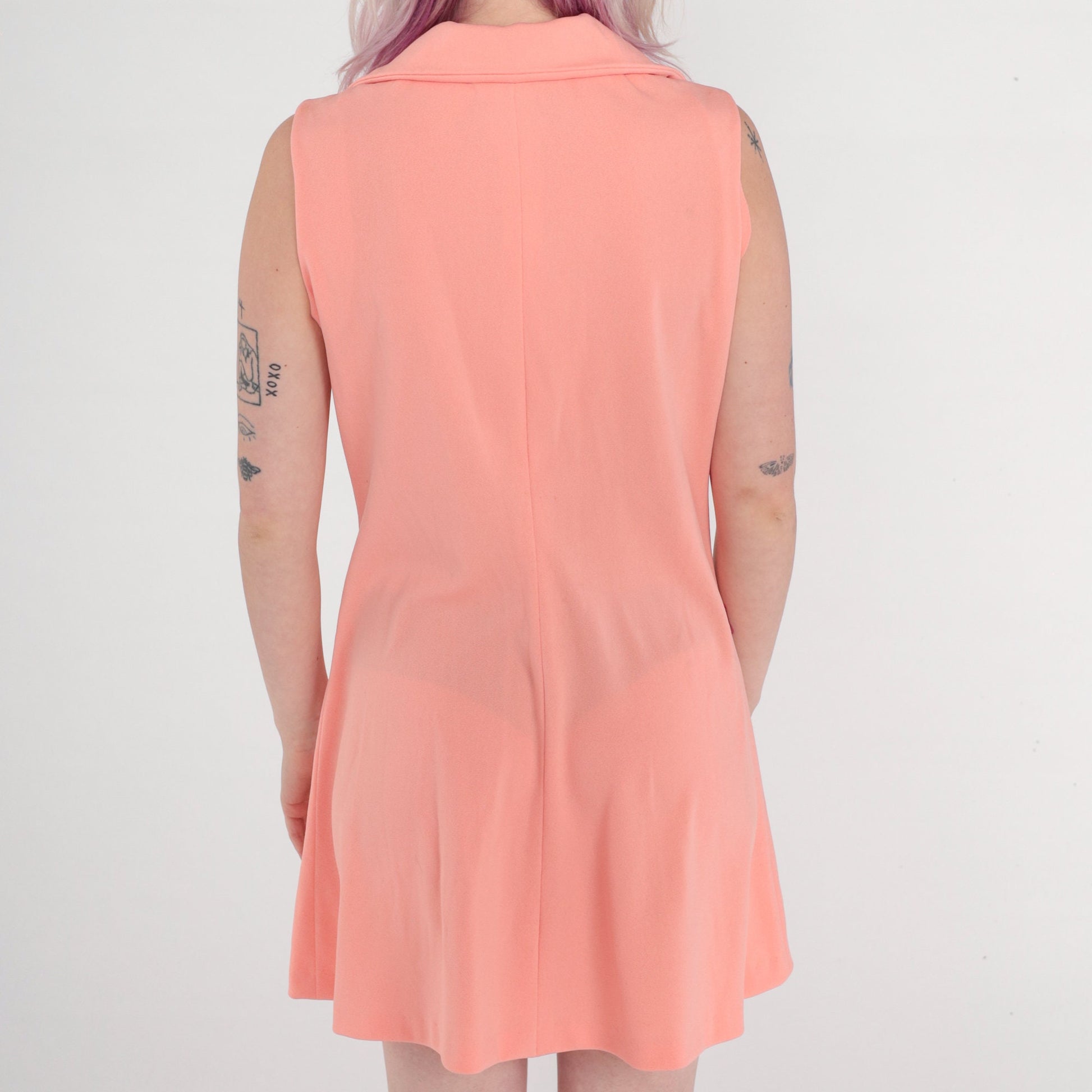 70s Peach Mod Mini Shift Dress Button-Up Sleeveless Collared Medium