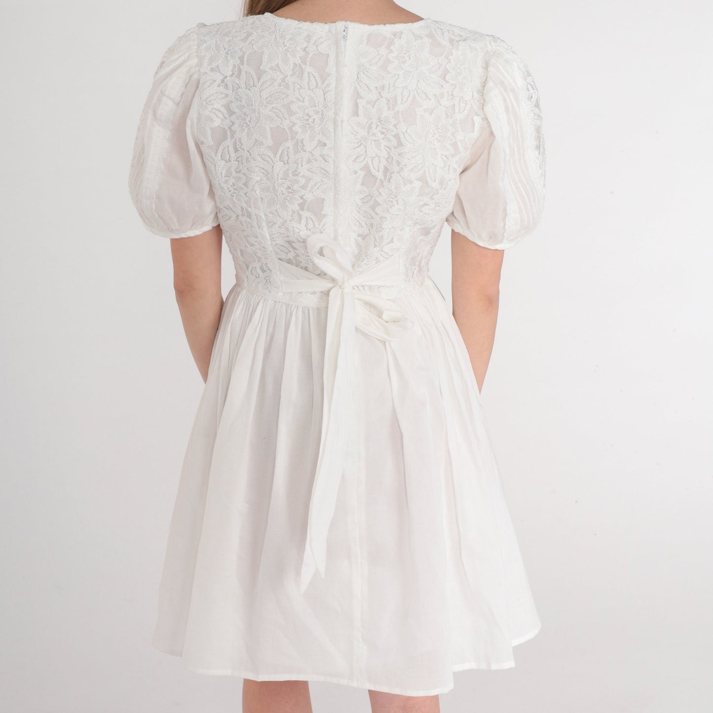 Y2K White Lace Mini Dress Puff Sleeve High Waist Bow Back Small
