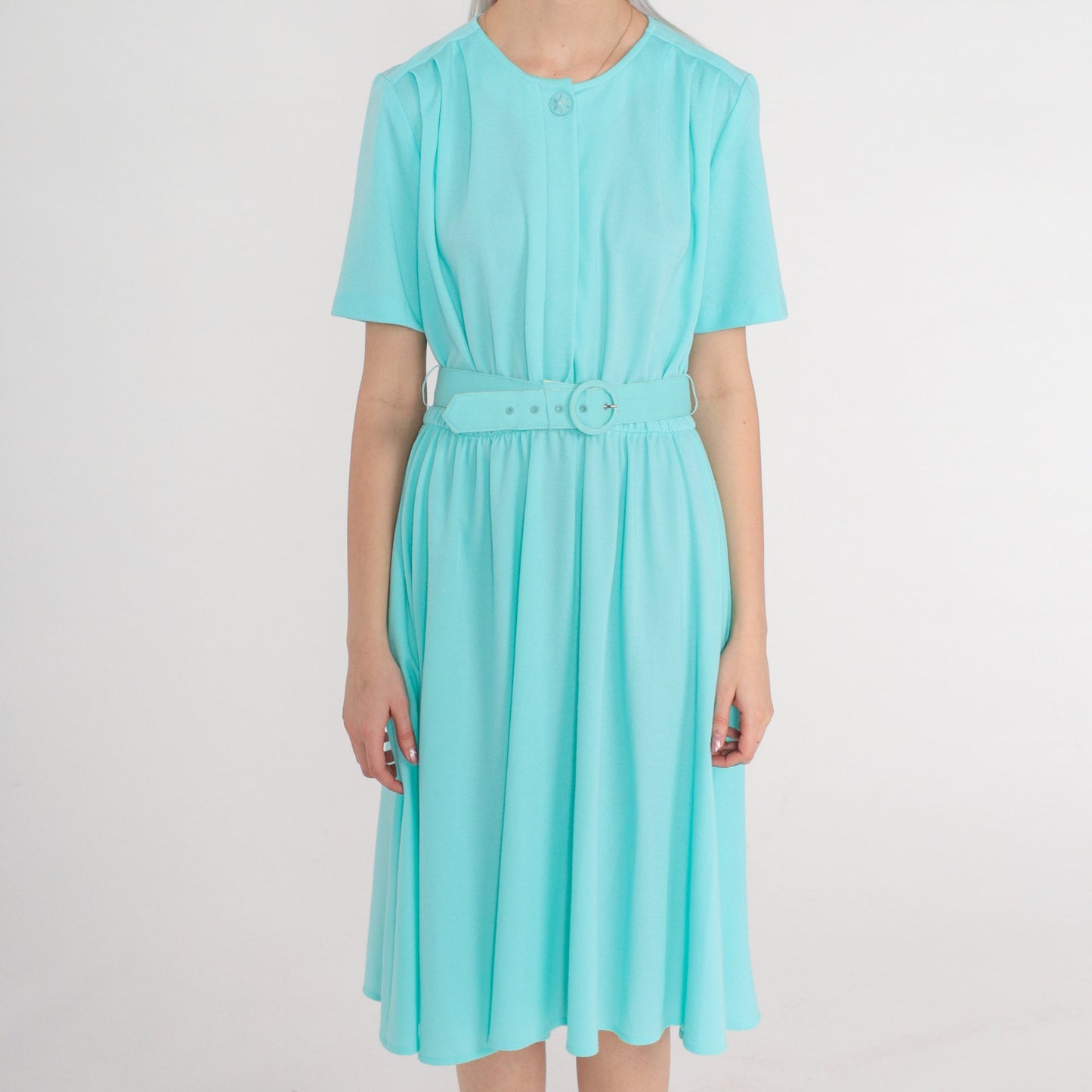 80s Mint Blue Button-Up Midi Shirtdress High Waisted Belted Secretary Medium