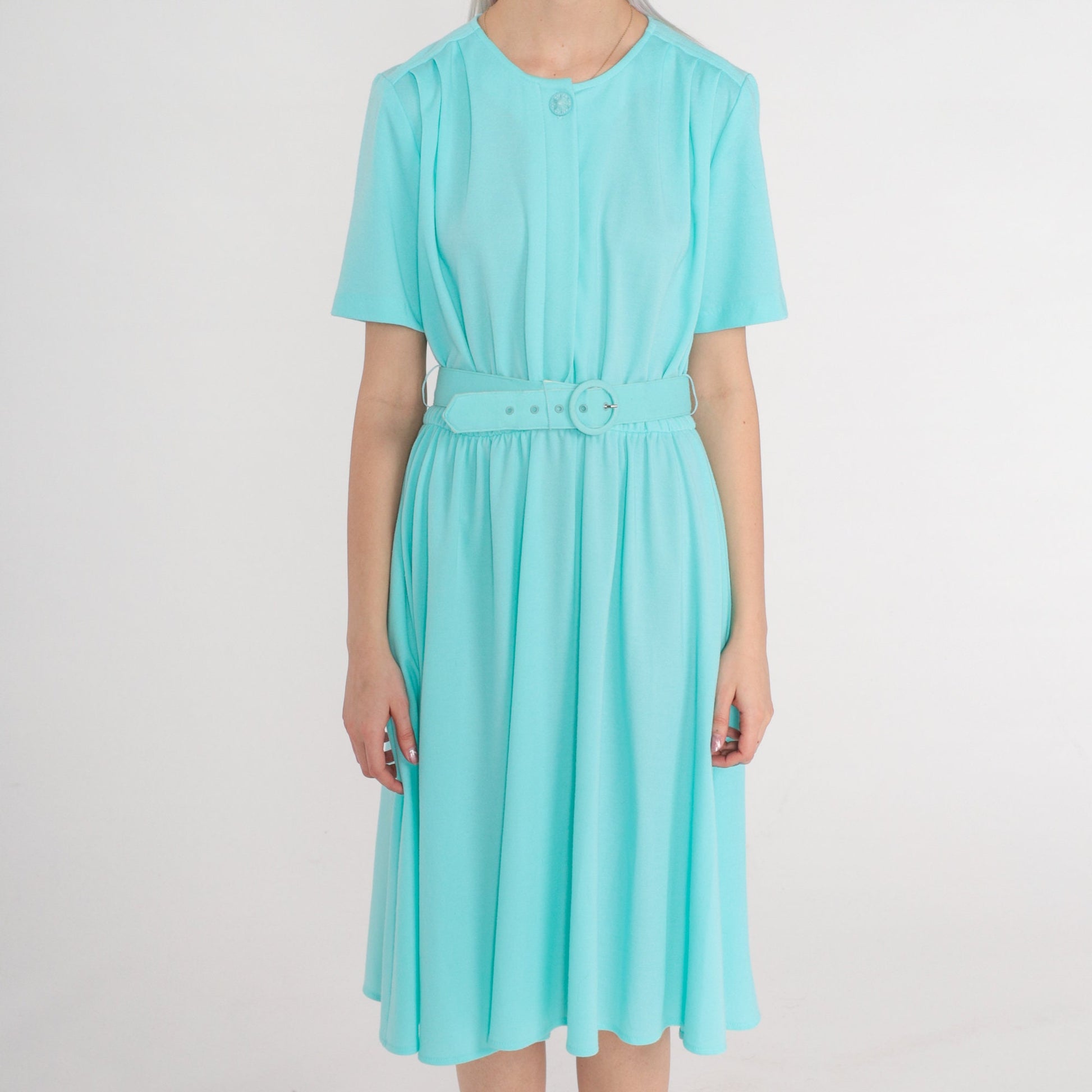 80s Mint Blue Button-Up Midi Shirtdress High Waisted Belted Secretary Medium