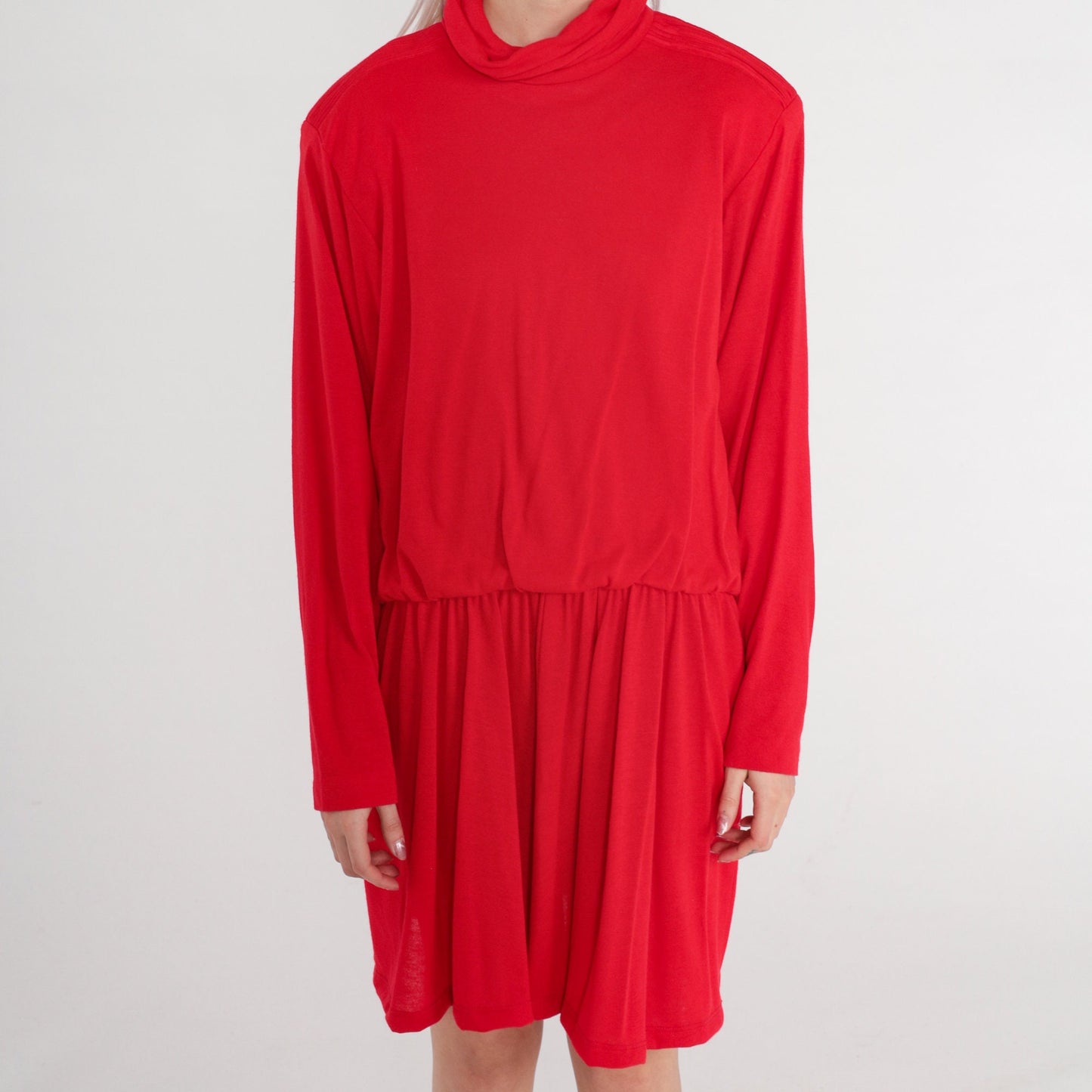 80s Red Mini Dress Turtleneck Blouson Pleated High Waist Long Sleeve Large
