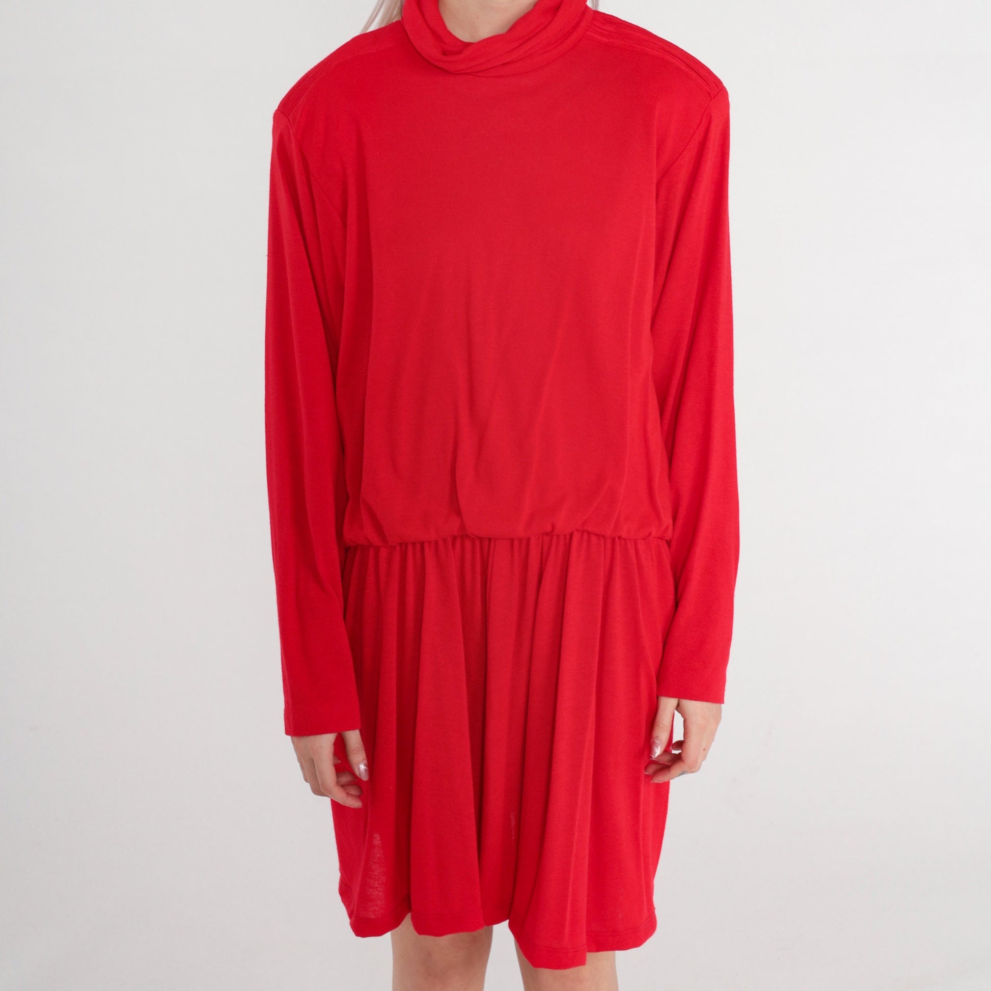 80s Red Mini Dress Turtleneck Blouson Pleated High Waist Long Sleeve Large