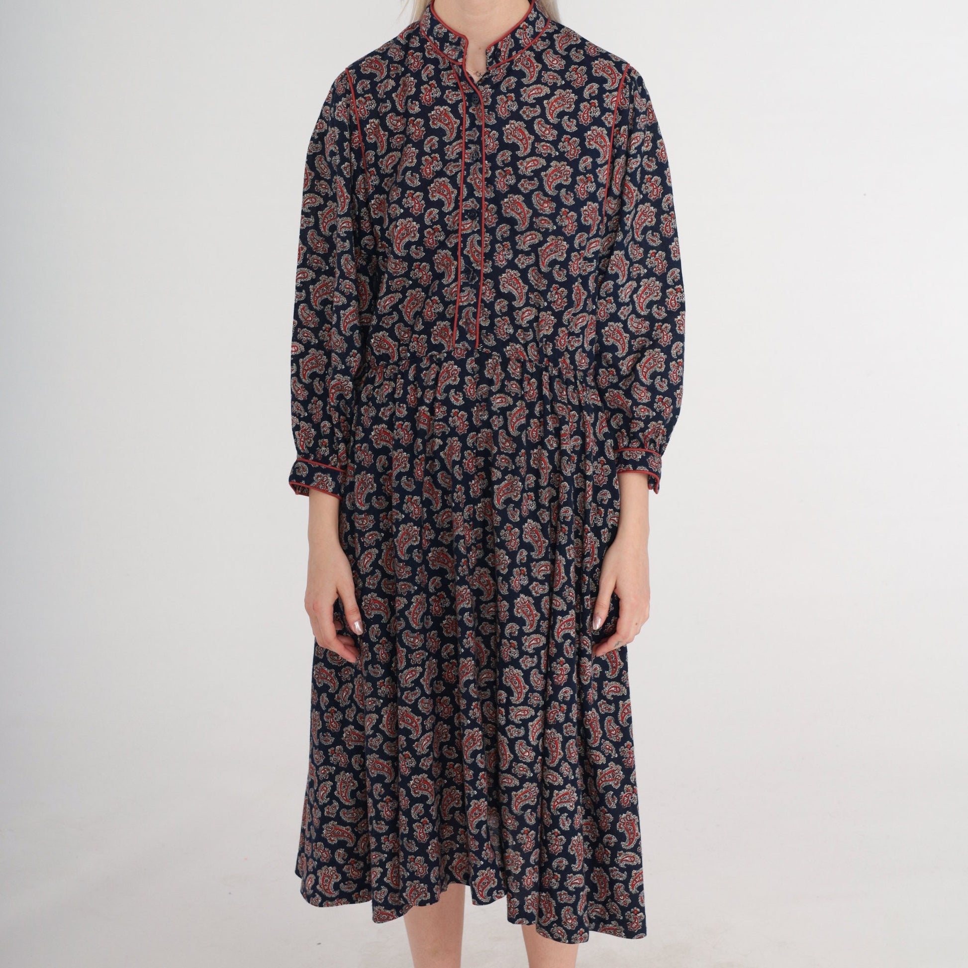 70s Navy Paisley Midi Dress Button-Up Long Sleeve High Waist Small
