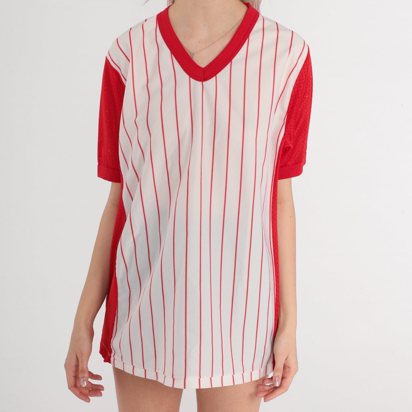 80s Mel's Outer Limits Baseball Jersey Red White Striped Mesh Ringer Tee Medium