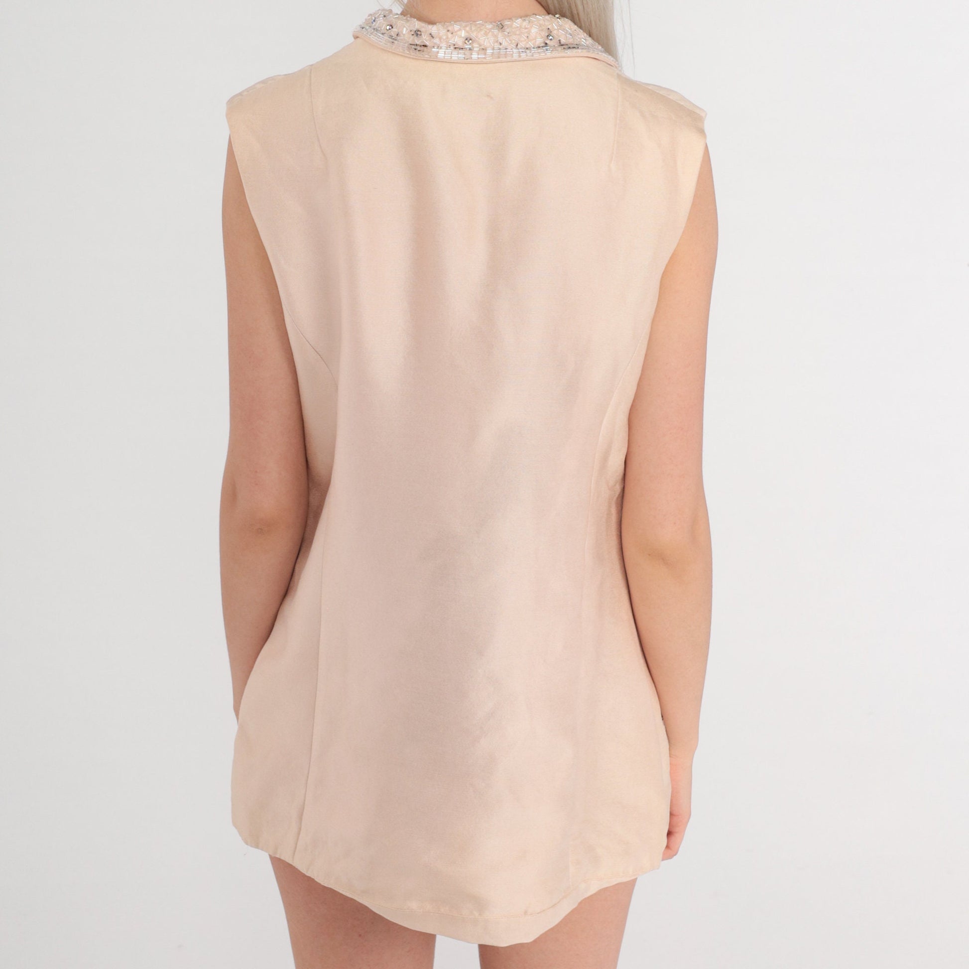 60s Blush Beaded Button-Up Sleeveless Top Medium M