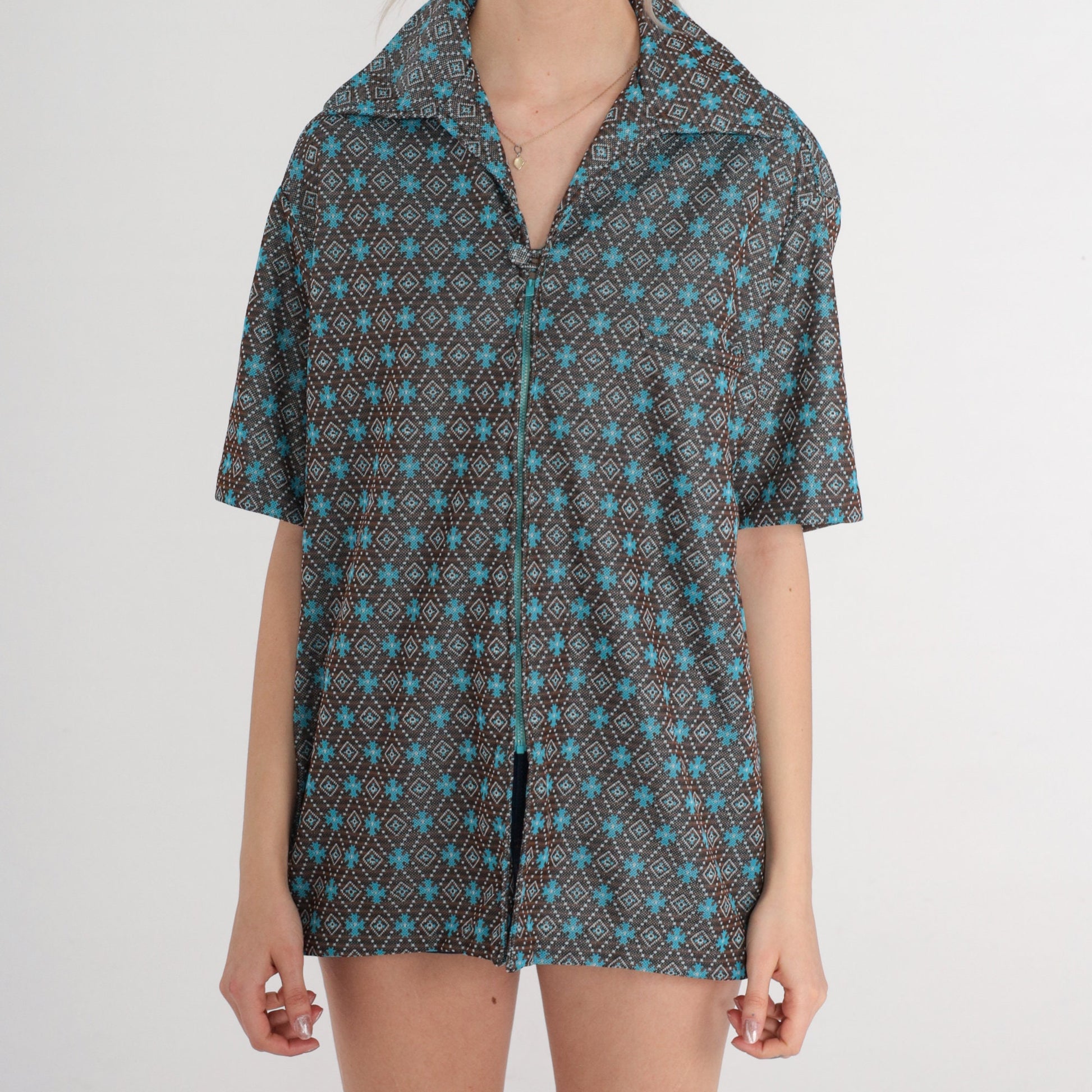 70s Disco Shirt Geometric Tile Print Zip Up Wing Collar Brown Blue Striped Large