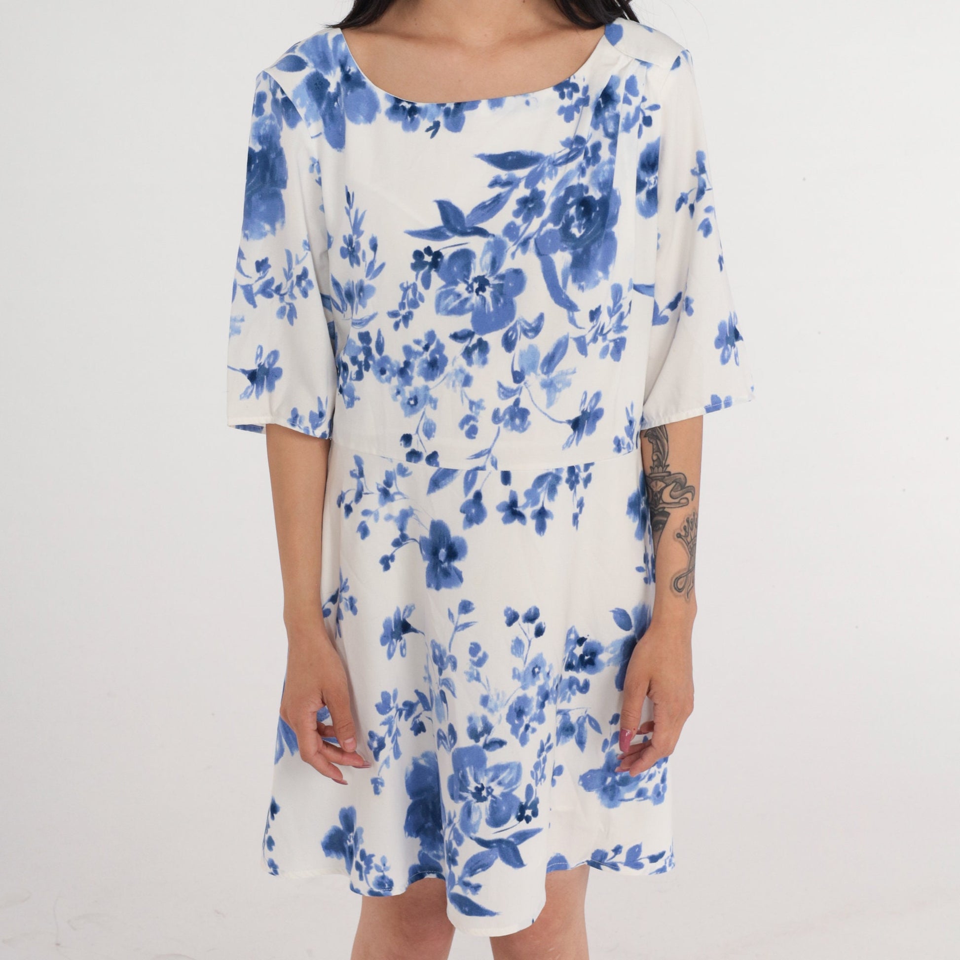 00s White Blue Floral Mini Dress High Waist A-Line Short Sleeve Large