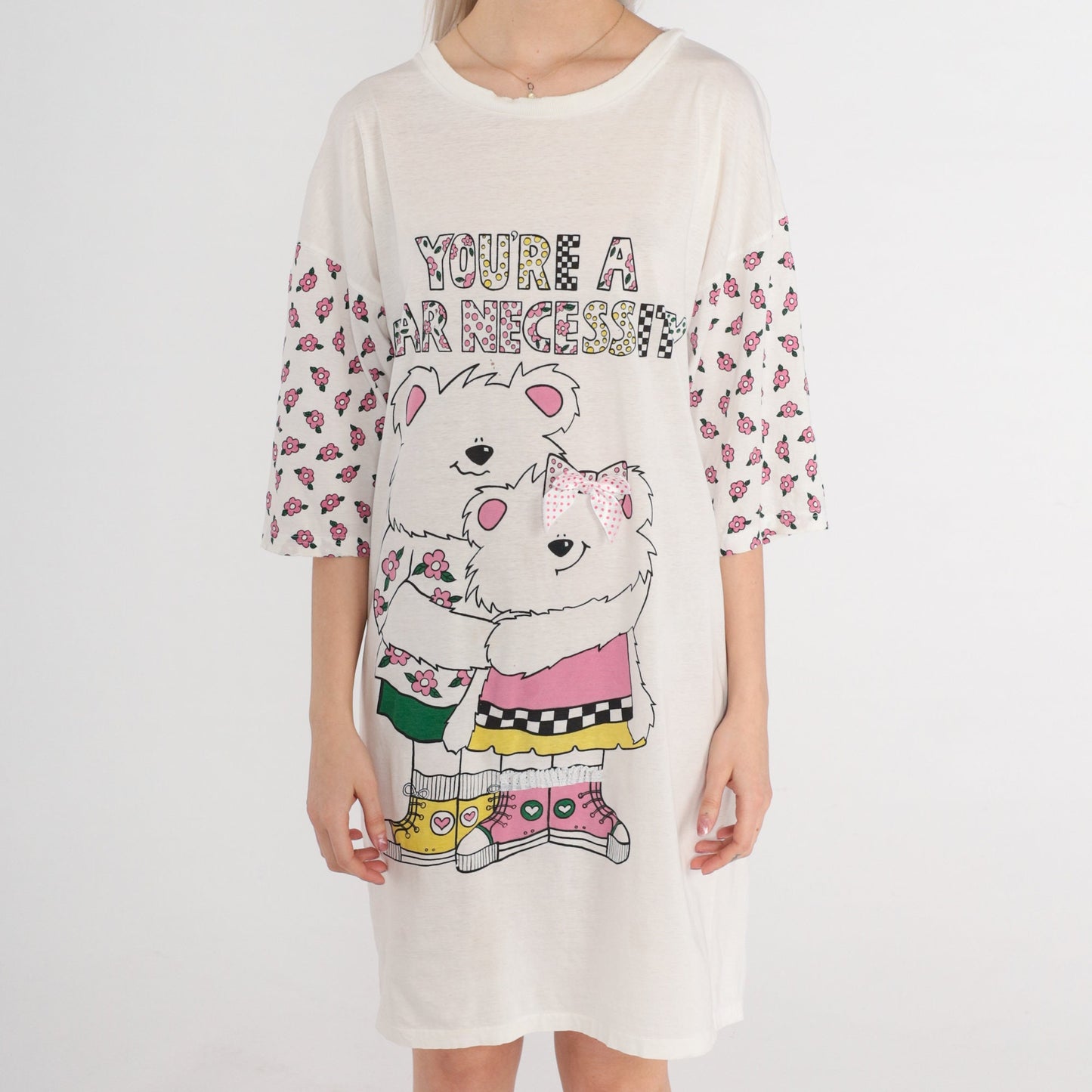 90s Teddy Bear Graphic T-Shirt Dress You're a Bear Necessity Mini Cream Small