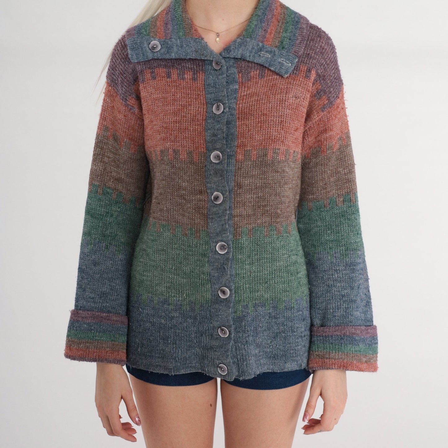 70s Striped Cardigan Knit Button Up Sweater Orange Blue Purple Green Medium M