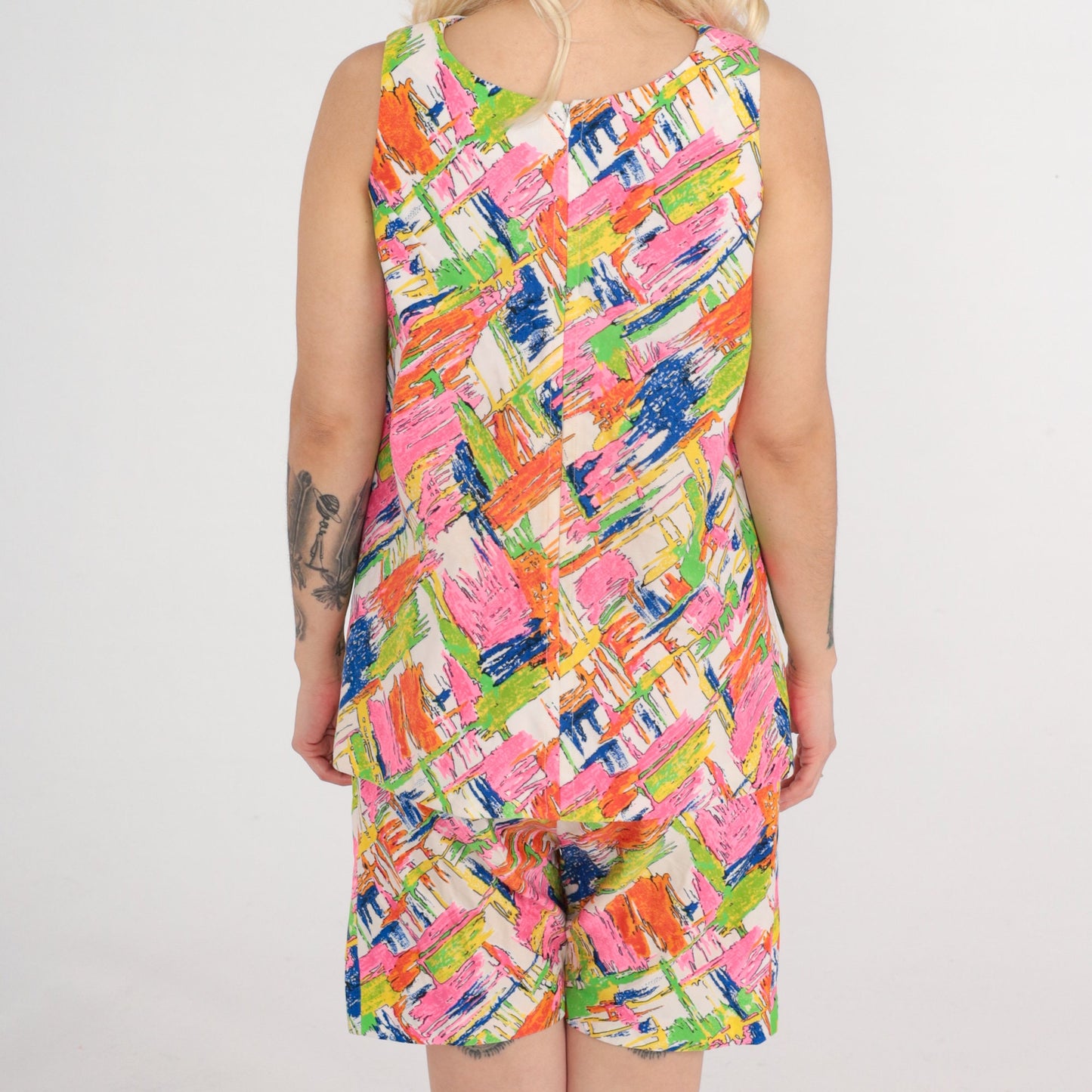 70s Abstract Print Tank Top & Shorts Two Piece Set Psychedelic Small