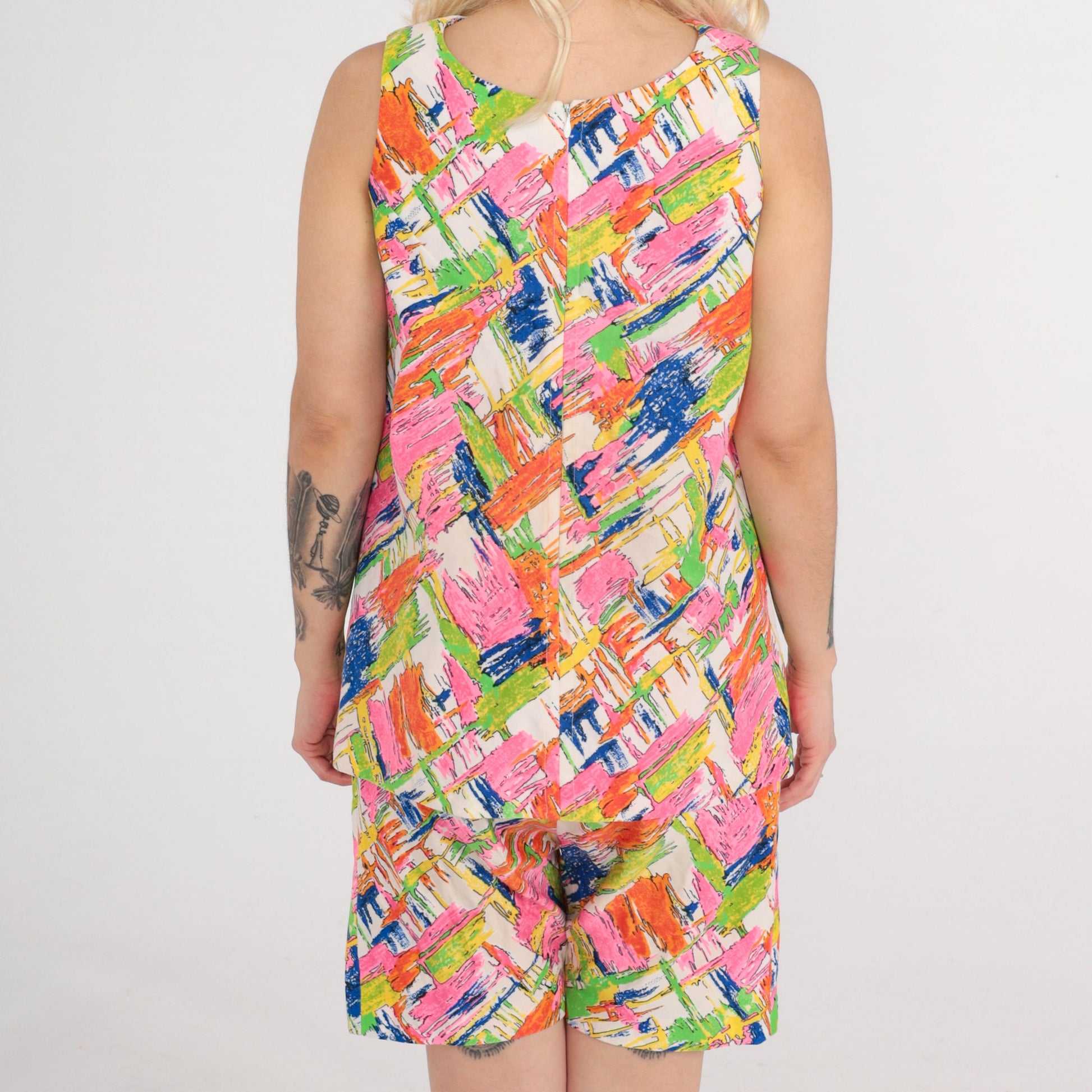 70s Abstract Print Tank Top & Shorts Two Piece Set Psychedelic Small