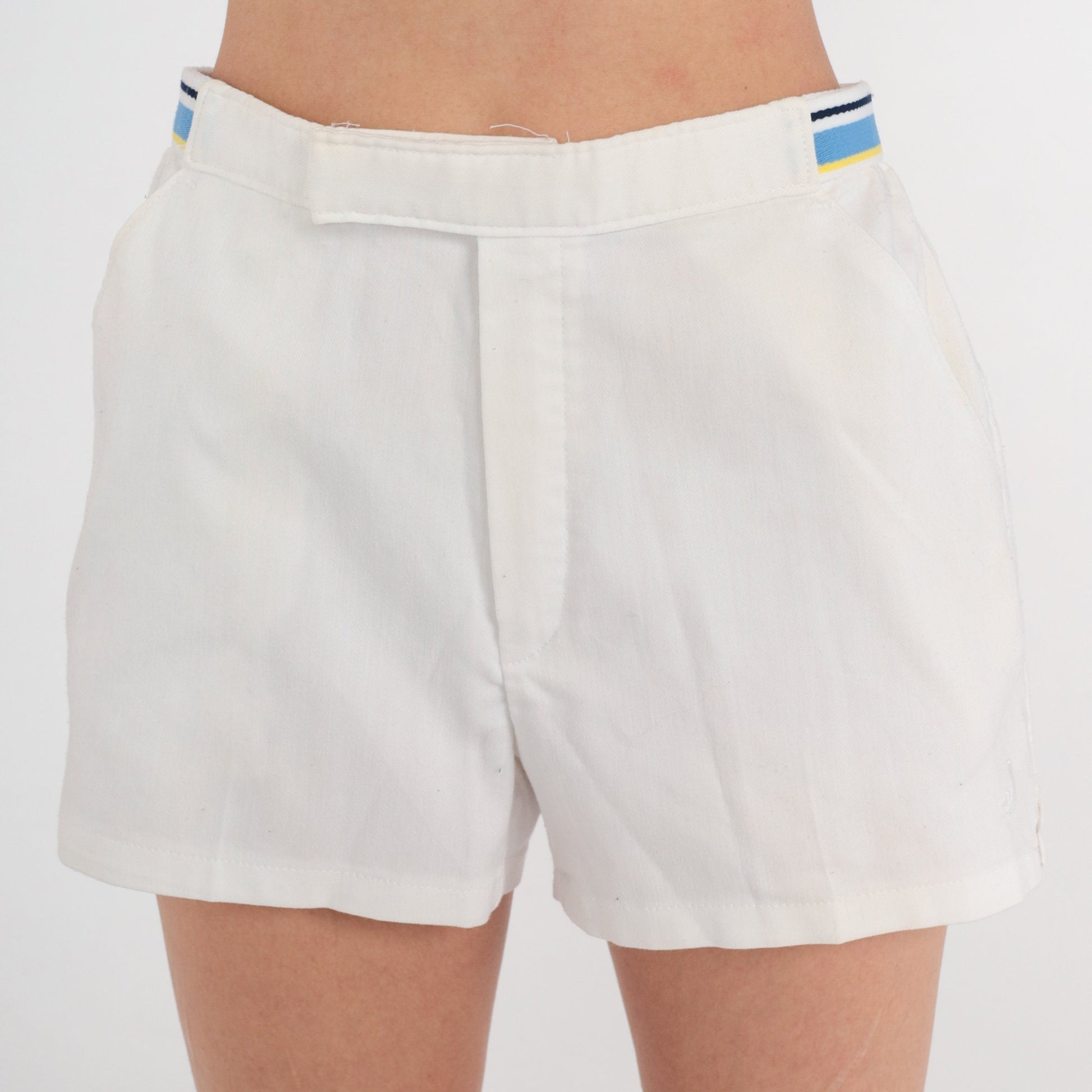 80s Jantzen White Tennis Shorts Blue Stripe High-Waist Small