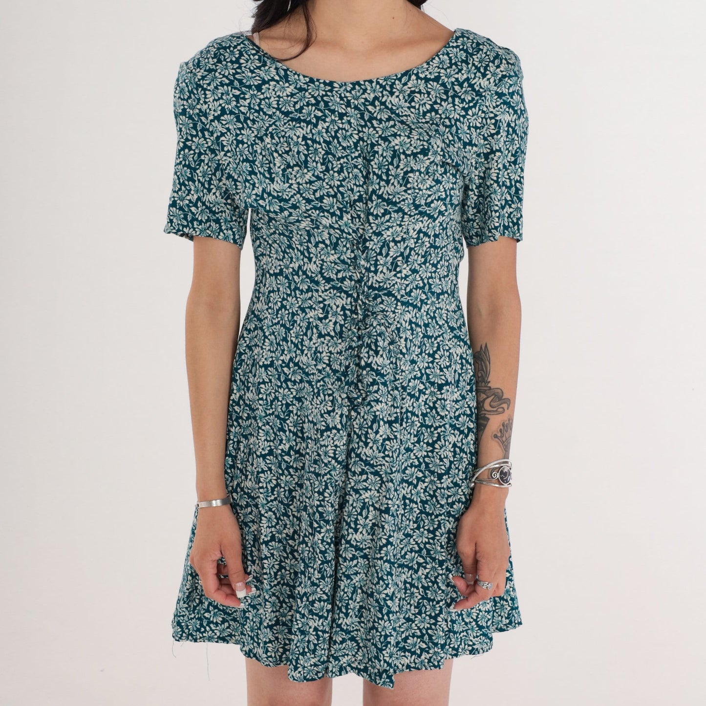 90s Blue Green Ditsy Floral Mini Dress Lace Up Corset Short Sleeve Medium
