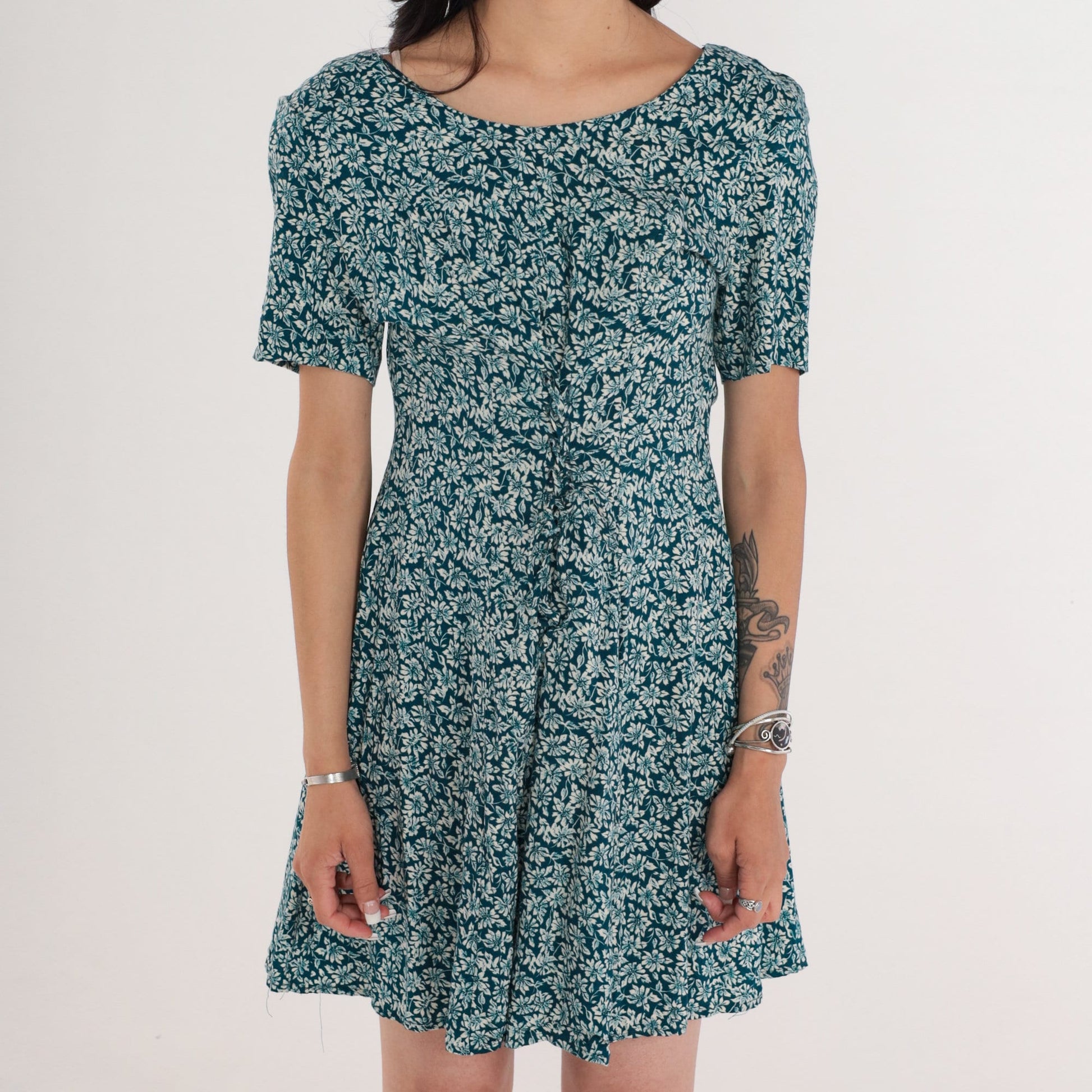 90s Blue Green Ditsy Floral Mini Dress Lace Up Corset Short Sleeve Medium