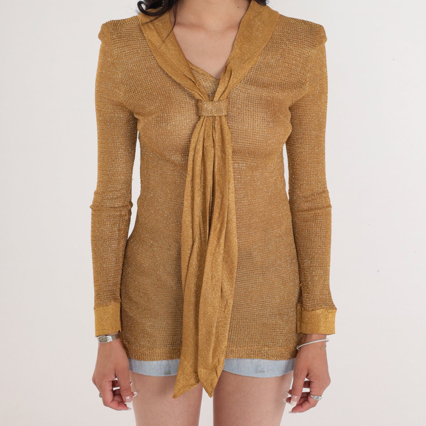 60s Alex Colman Metallic Gold Necktie Blouse Long Sleeve XS