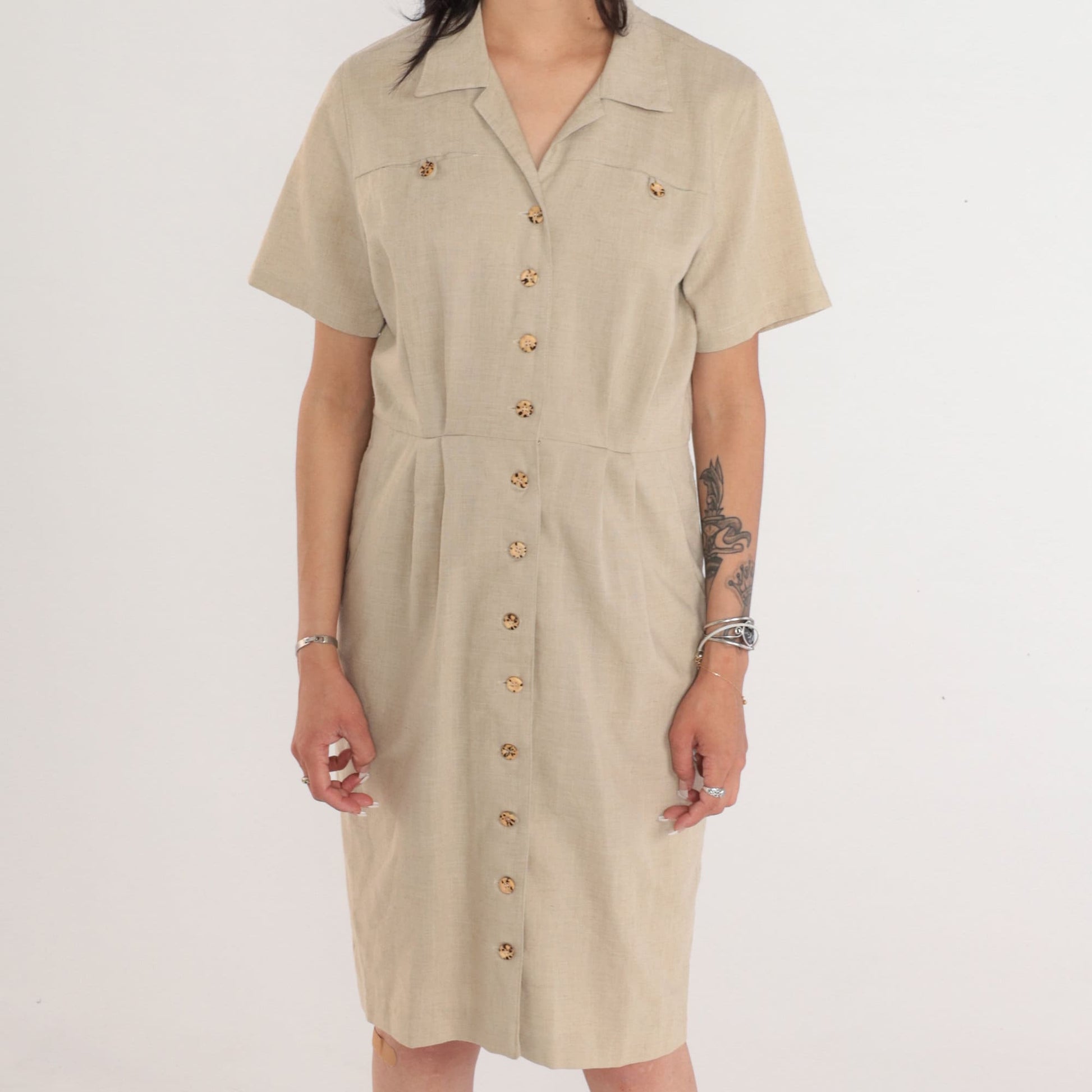 90s Tan Linen Button-Up Mini Dress Collared Sheath Petite Medium