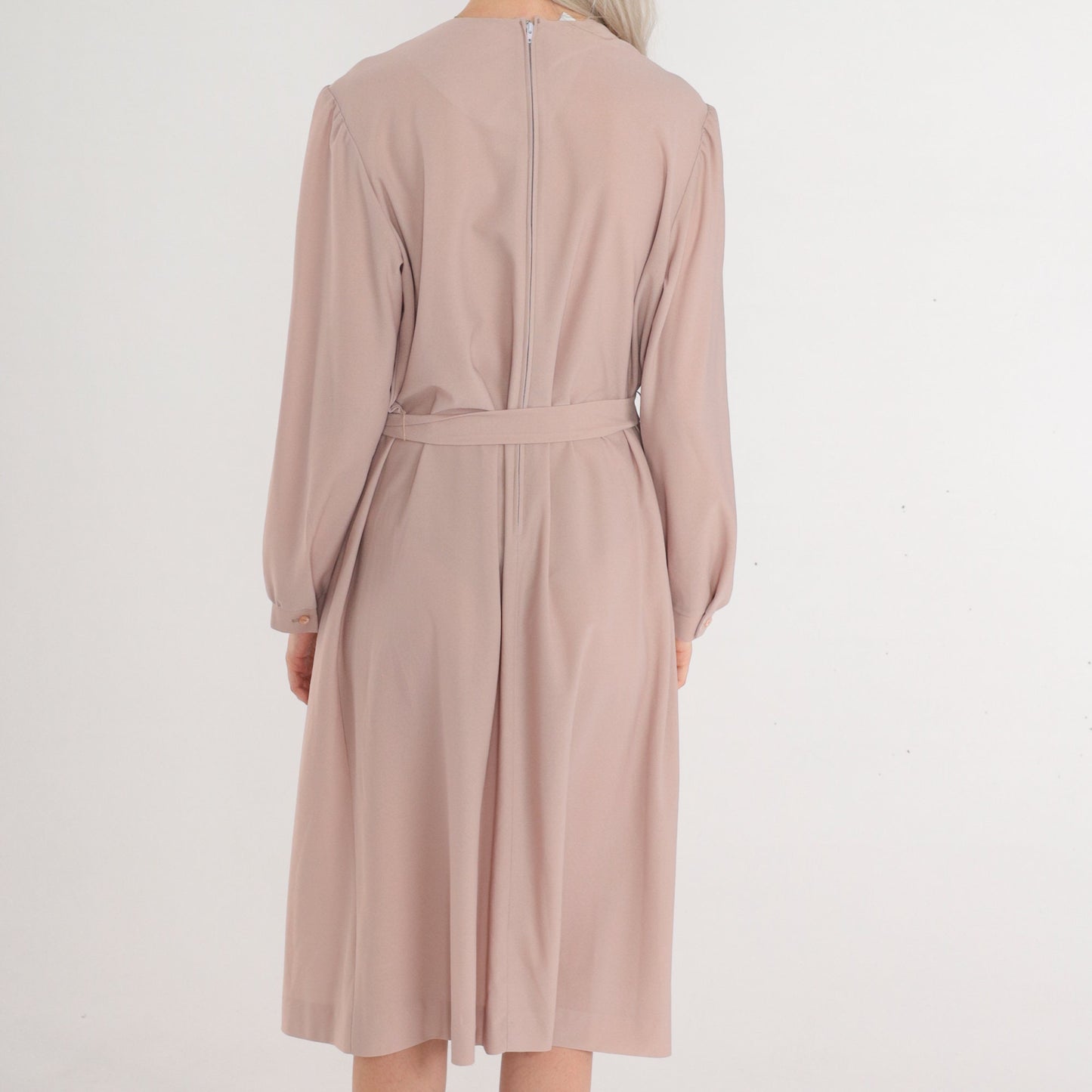 80s Lady Jennifer Taupe Midi Dress Floral Embroidered Long Sleeve Tie Belt Large