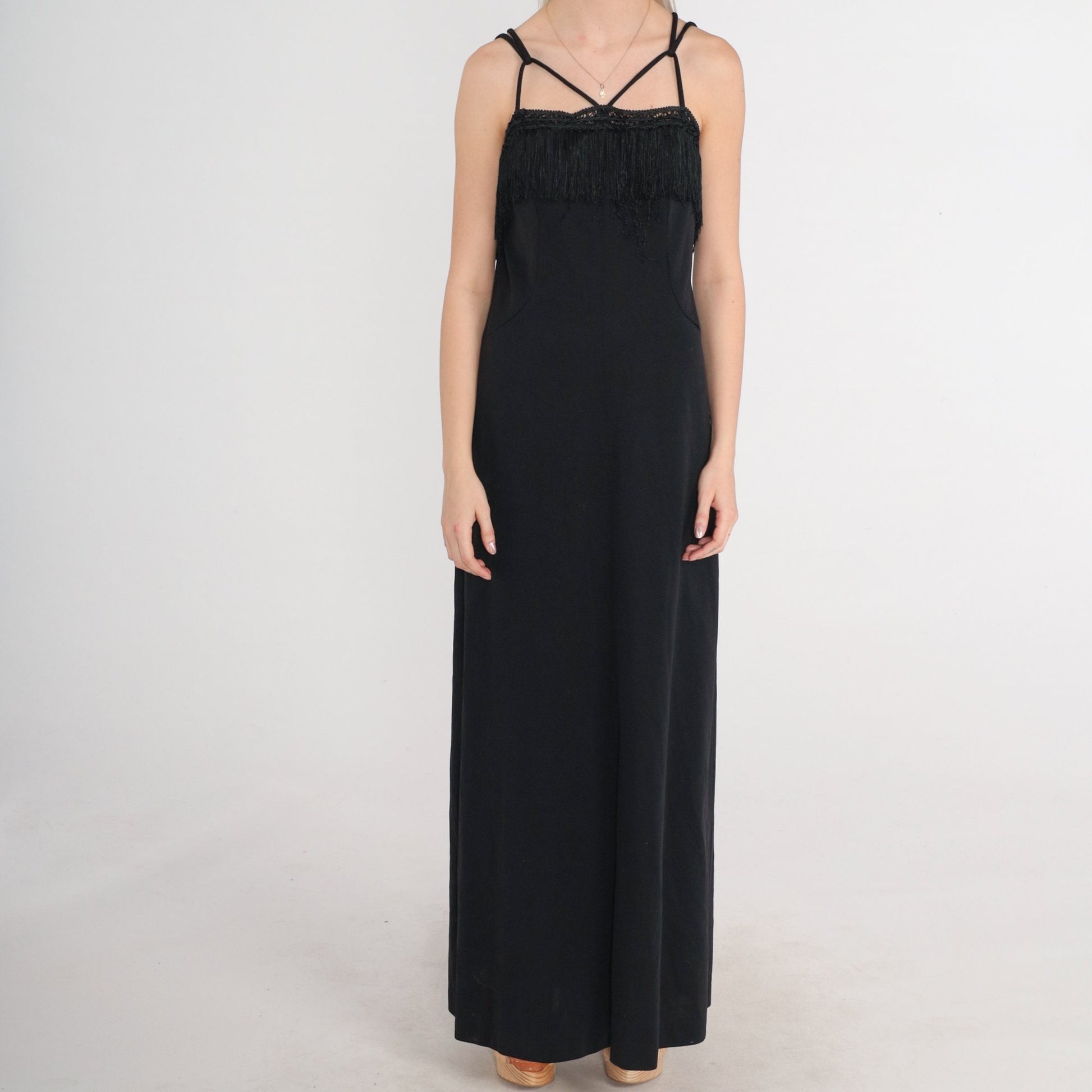 70s Black Fringe Maxi Dress Criss Cross Straps Crochet Lace Medium