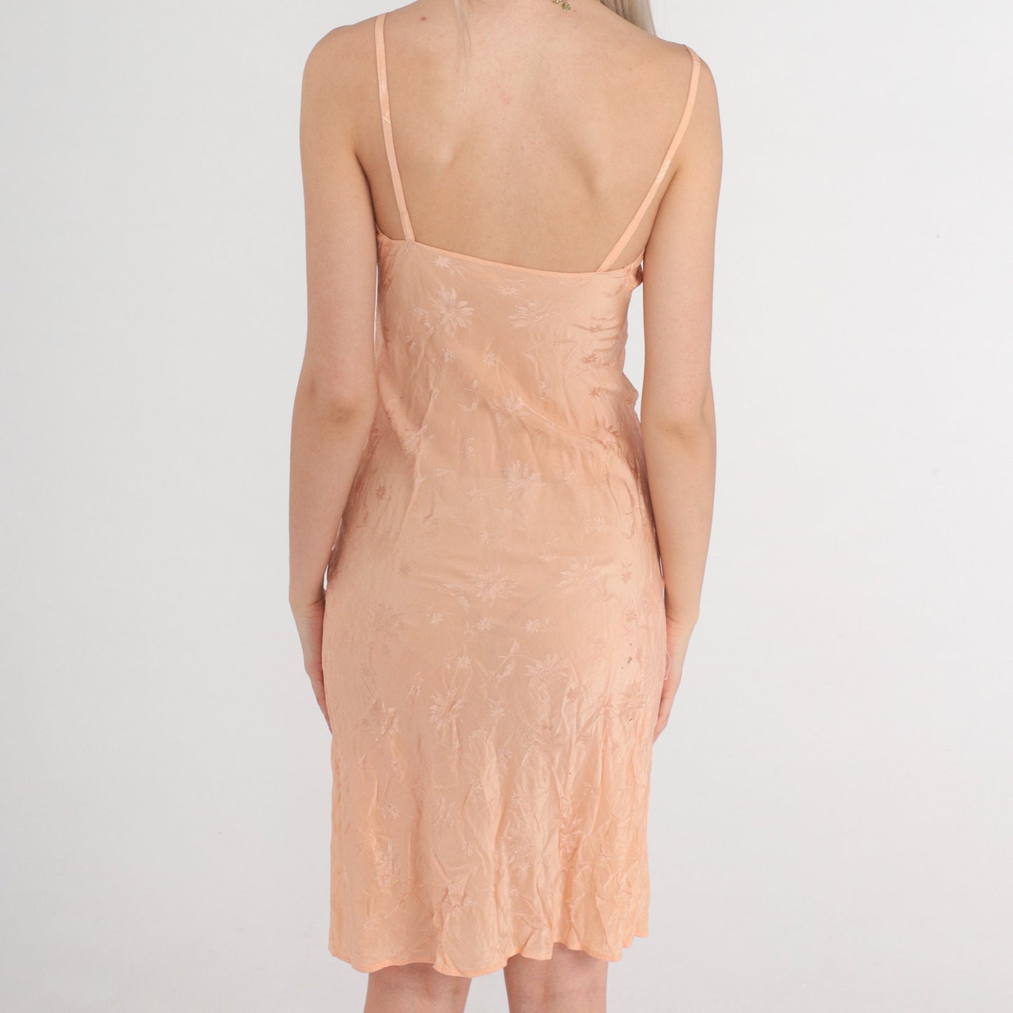 40s Silk Slip Dress Peach Floral Embossed Empire Waist Spaghetti Strap Mini XS