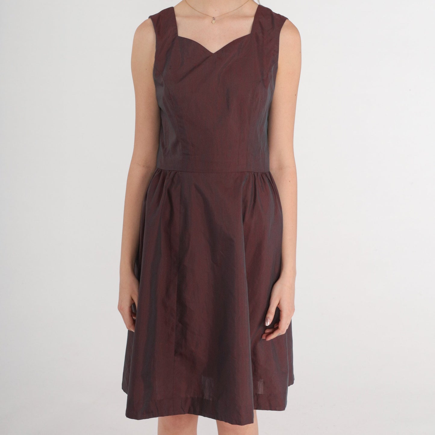 60s Iridescent Purple Mini Dress Sweetheart Neckline Pleated Sleeveless XS
