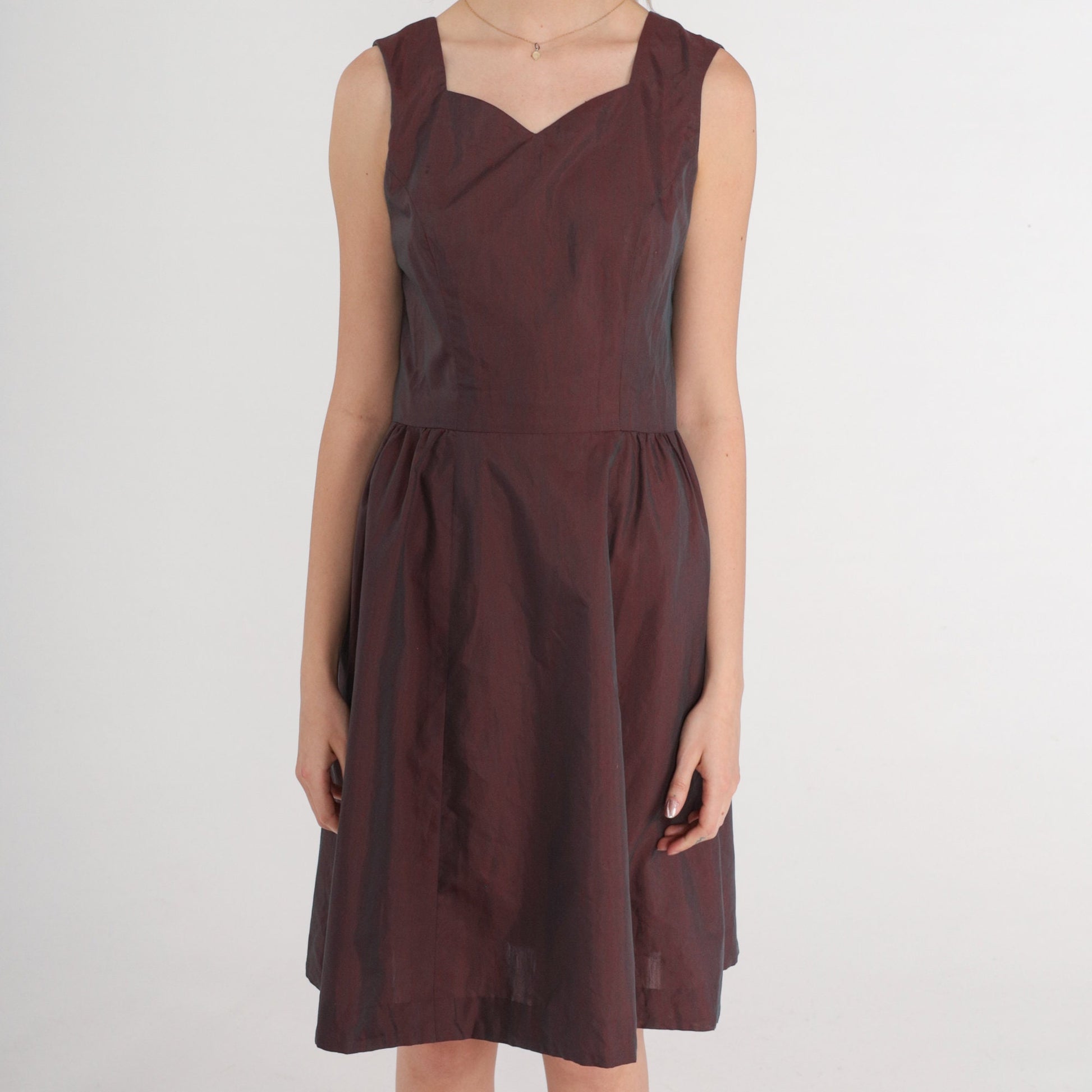 60s Iridescent Purple Mini Dress Sweetheart Neckline Pleated Sleeveless XS
