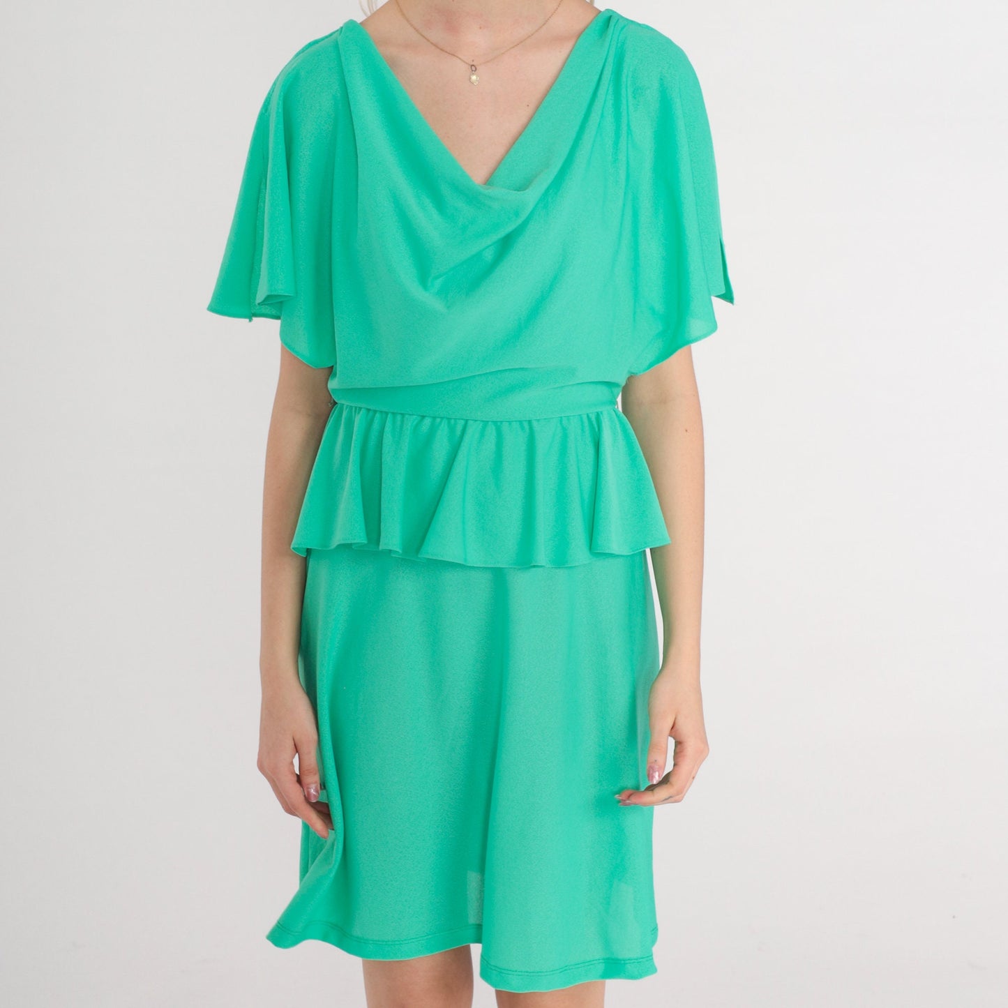70s Green Flutter Sleeve Dress Cowl Neck Peplum Mini Small