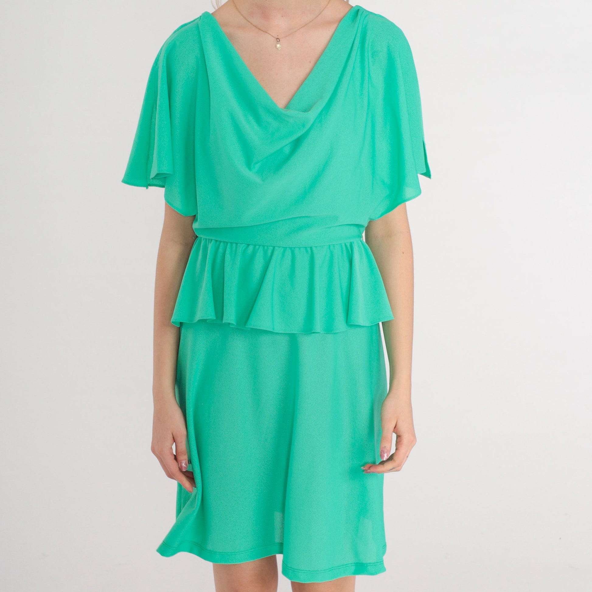 70s Green Flutter Sleeve Dress Cowl Neck Peplum Mini Small