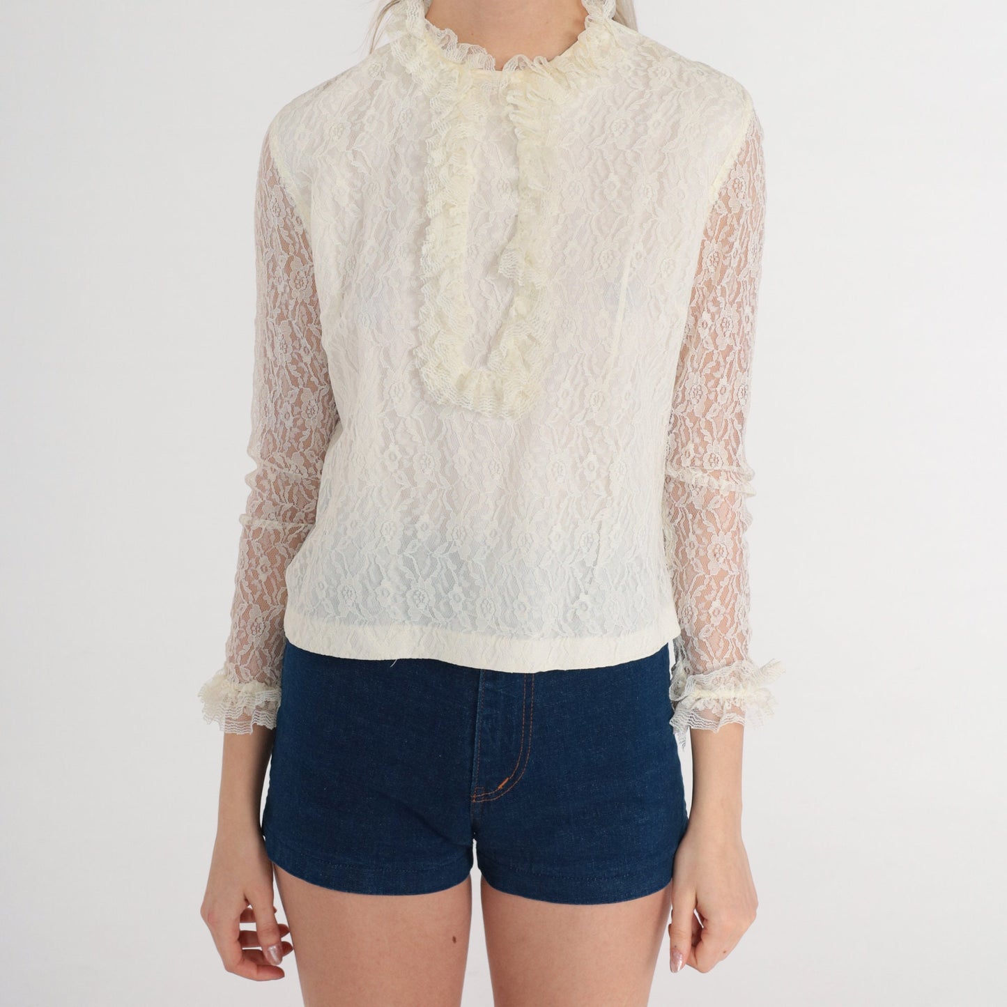70s White Lace Blouse Floral High Neck Ruffled Long Sleeve Extra Small