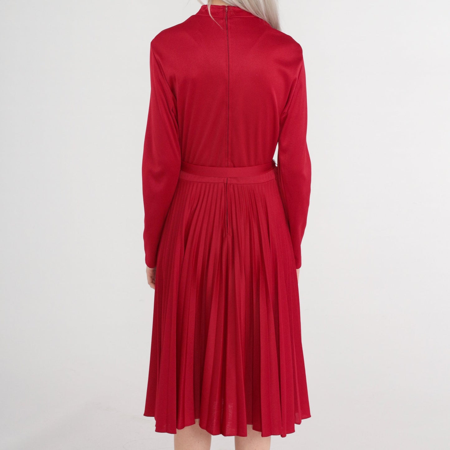 70s Burgundy Red Midi Dress Pleated High Waist Long Sleeve Medium