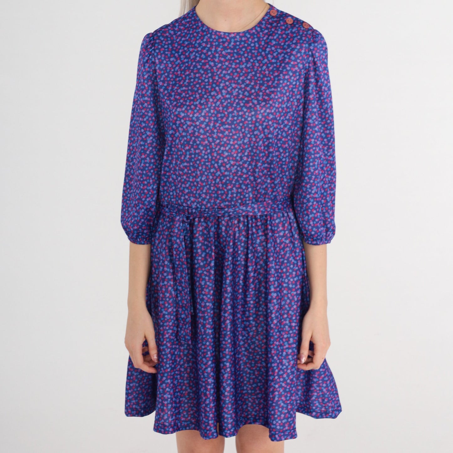 80s Purple Confetti Mini Dress Puff Sleeve Shoulder Buttons Small