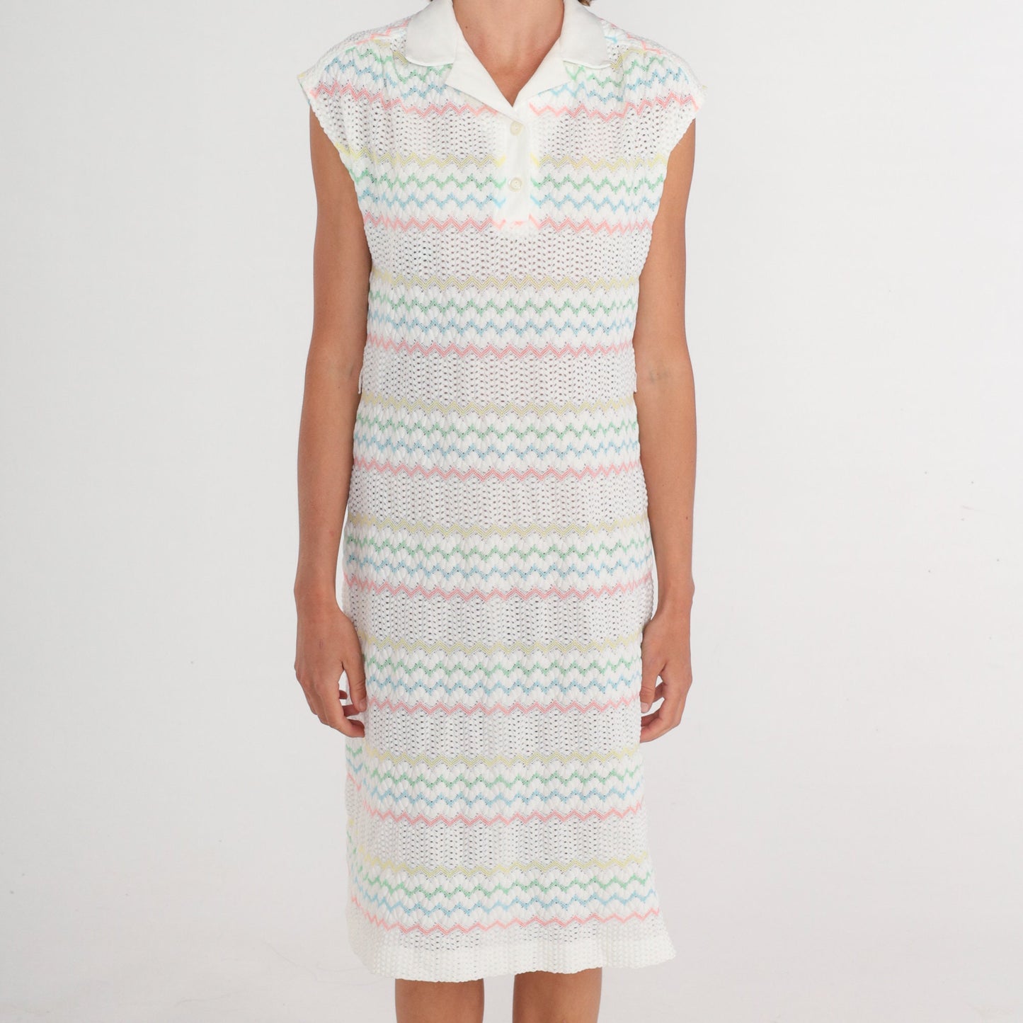 70s White Crochet Midi Dress Pastel Zigzag Striped Collared Cap Sleeve Medium