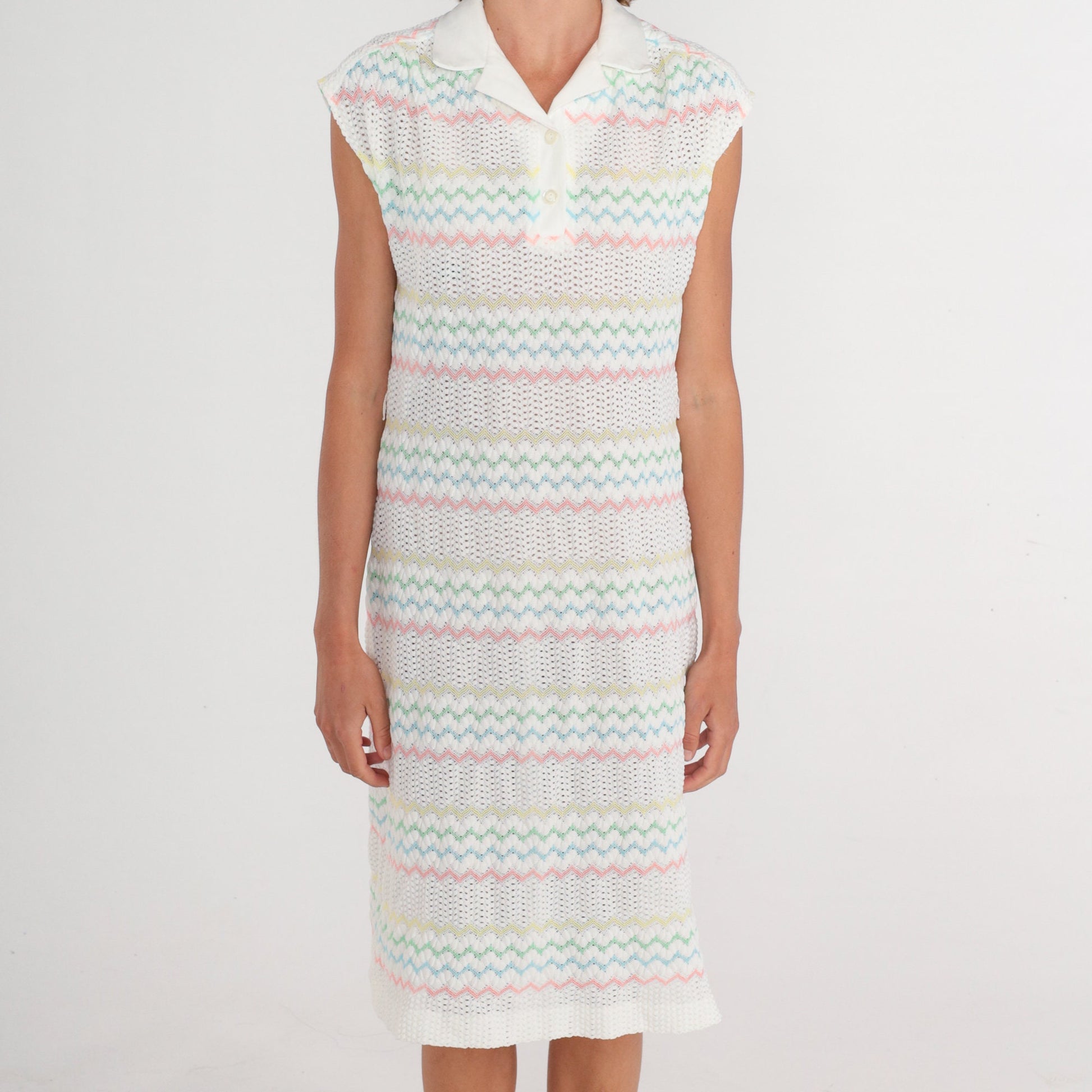 70s White Crochet Midi Dress Pastel Zigzag Striped Collared Cap Sleeve Medium