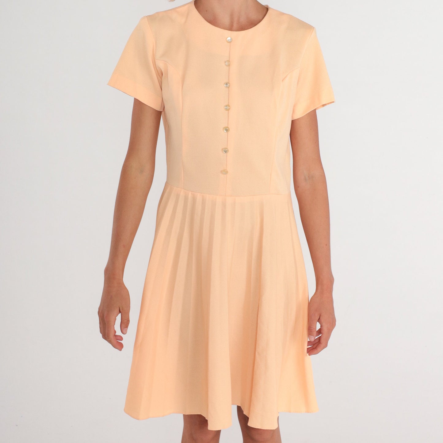 70s Peach Pleated Shirtwaist Dress Button Front High Waisted Knee Length Medium Large