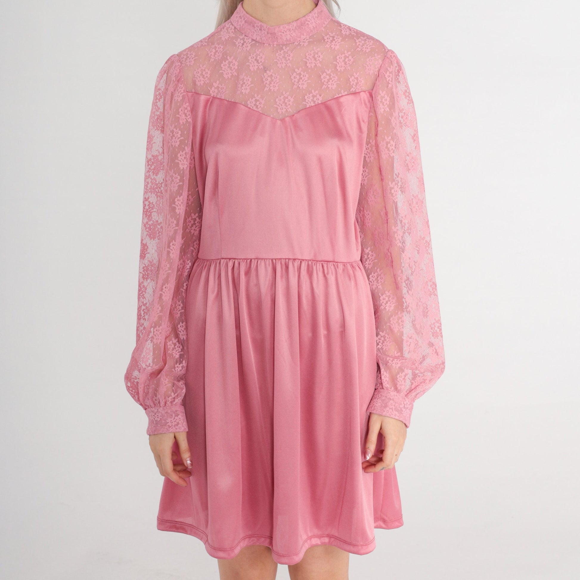 70s Pink Mini Dress Lace Neckline High Waist Long Sleeve Medium