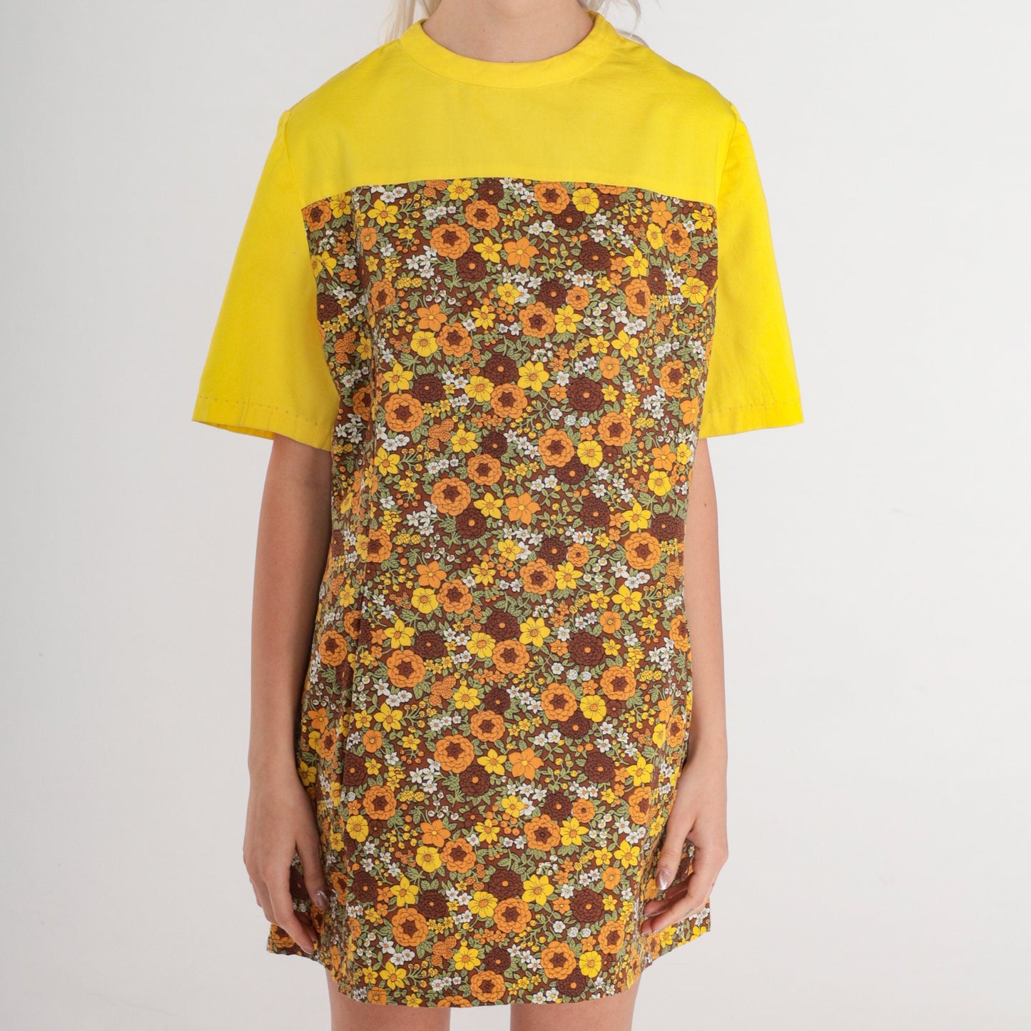 60s Floral Shift Mini Dress Yellow Yoke Short Sleeve Petite Medium