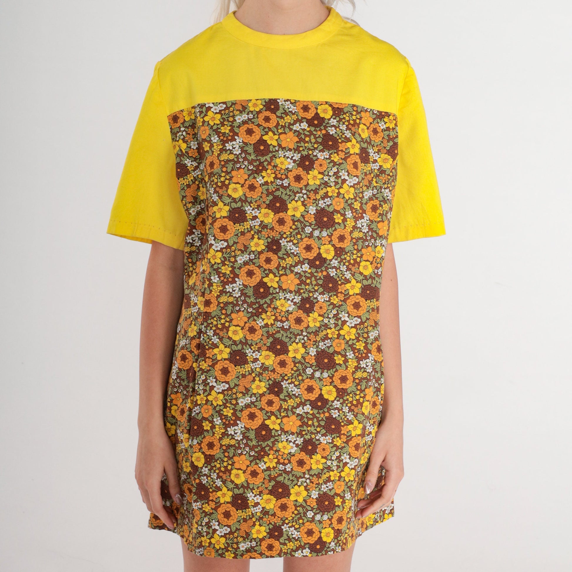60s Floral Shift Mini Dress Yellow Yoke Short Sleeve Petite Medium