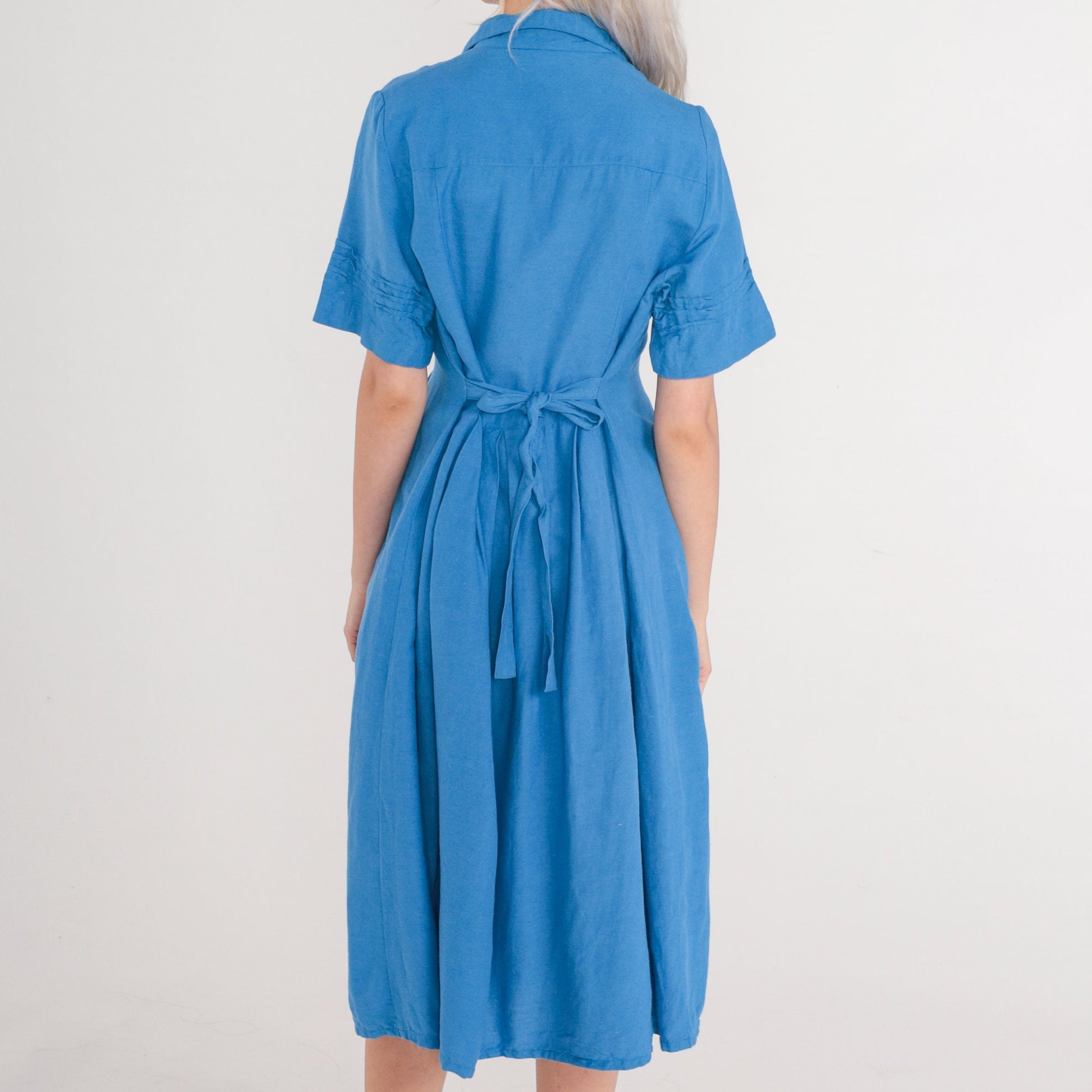 90s Coldwater Creek Blue Midi Shirtdress Pleated High Waisted Small S