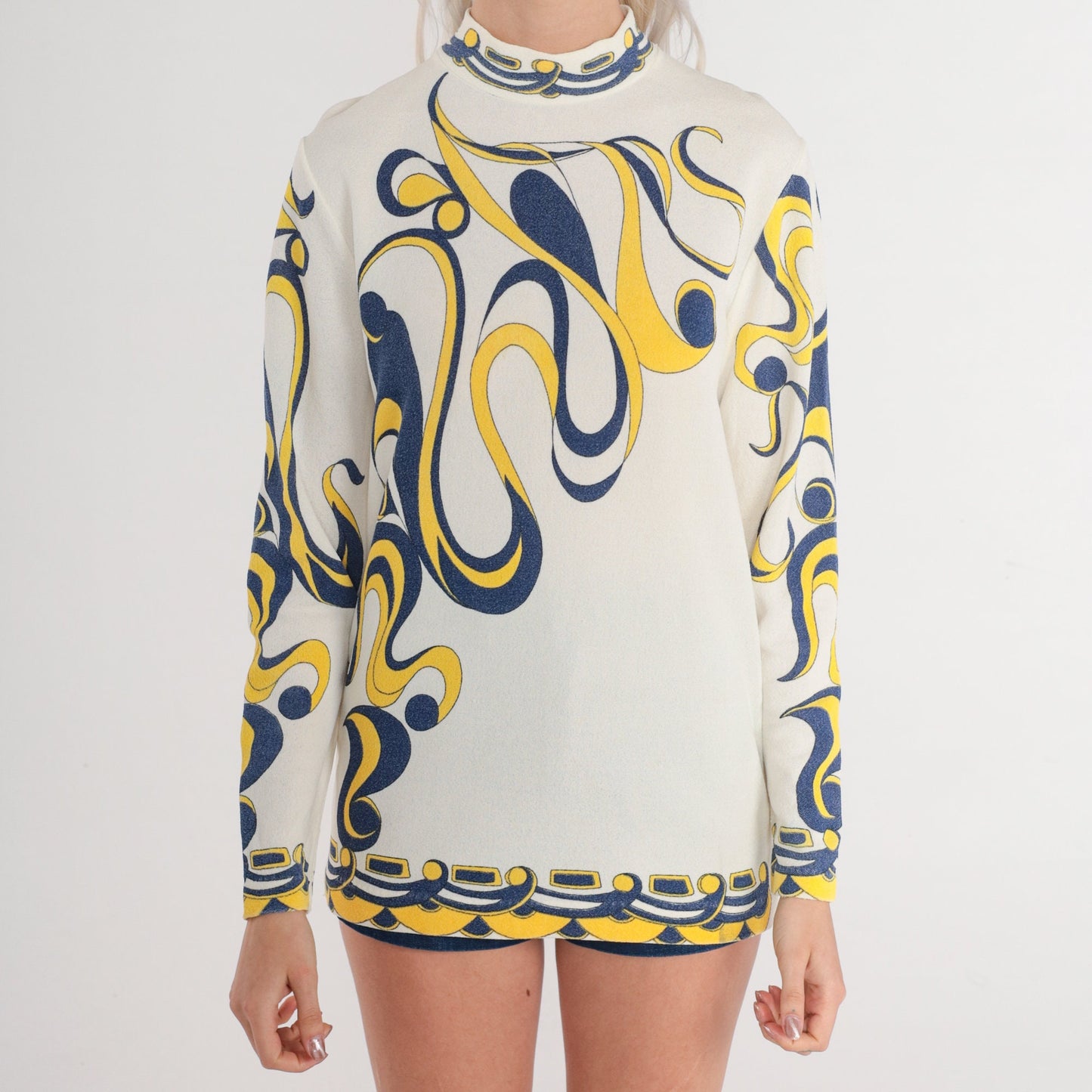 70s Psychedelic Swirl Print Mock Neck Blouse Long Sleeve White Small