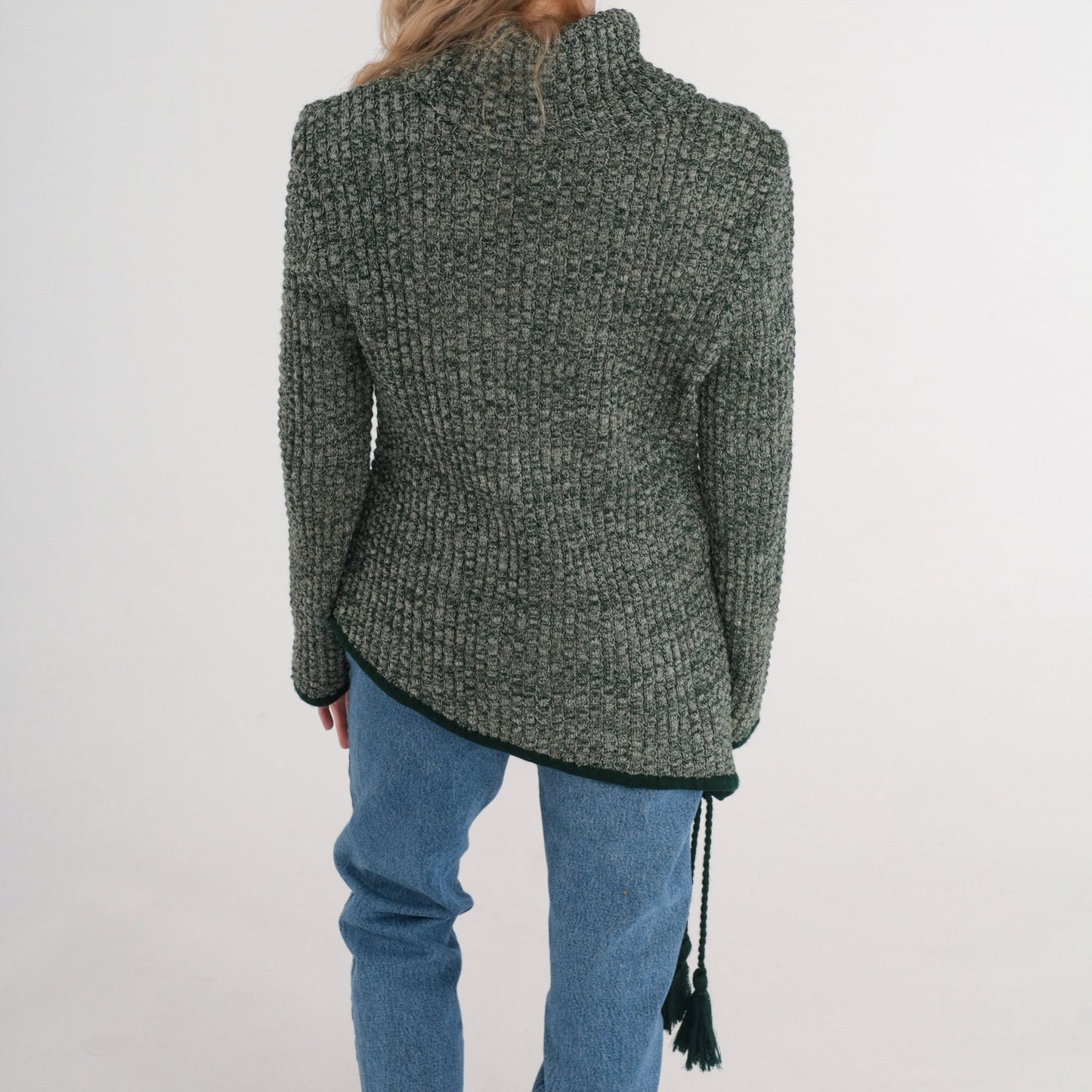 80s Heather Green Wool Blend Turtleneck Sweater Asymmetrical Hem Tassel Medium Large