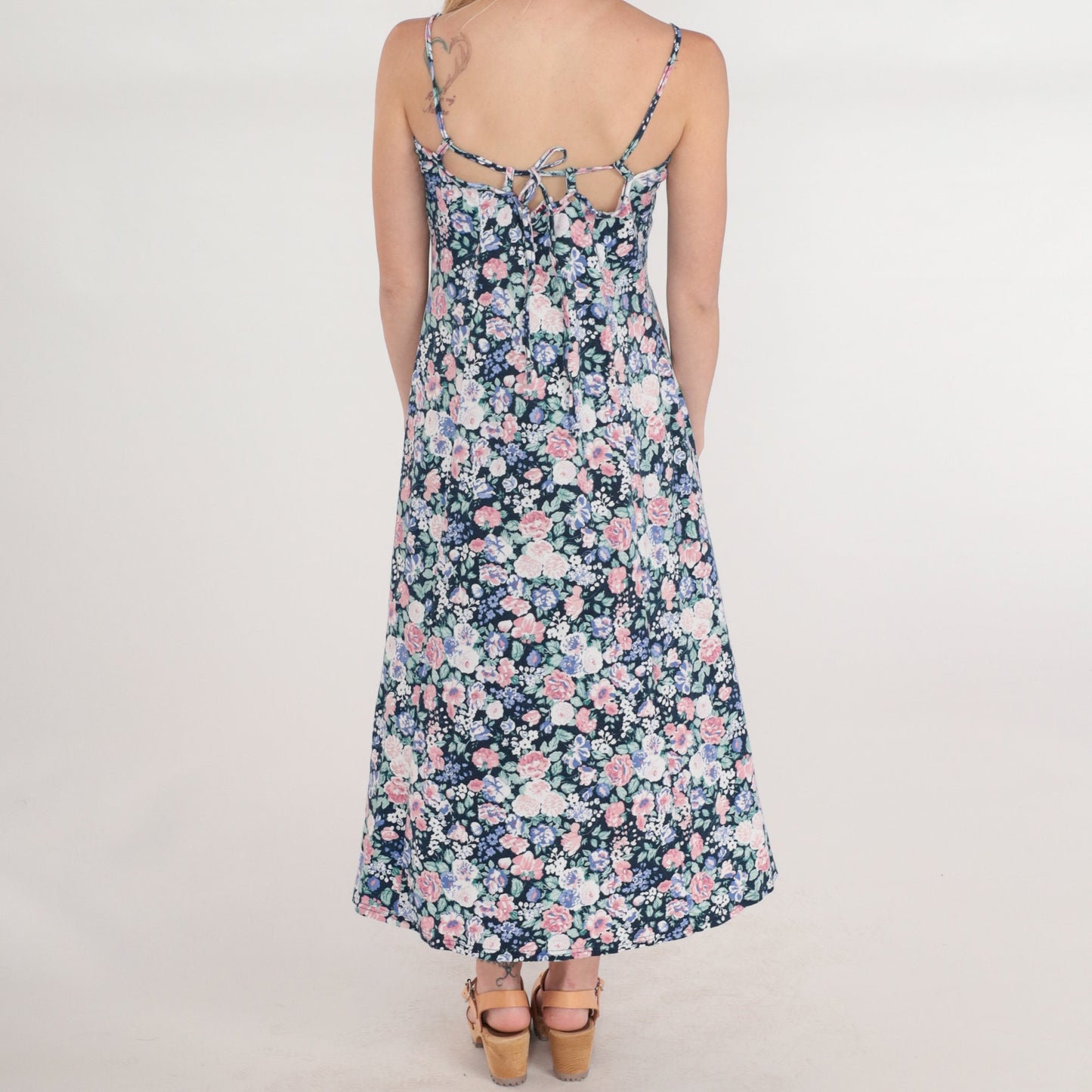 90s Navy Floral Midi Sundress Sleeveless Empire Waist Spaghetti Strap Medium M