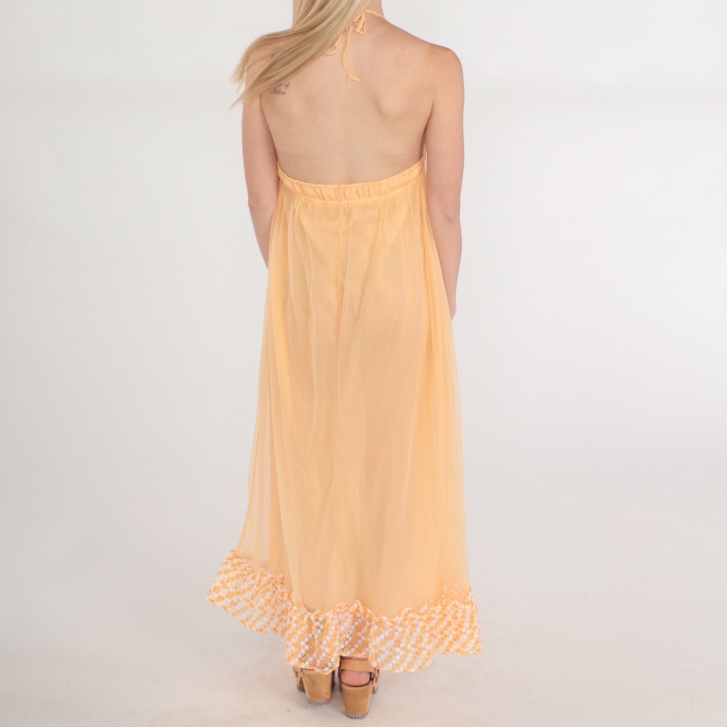 70s Orange Halter Maxi Slip Dress Empire Waist Lace Trim Small