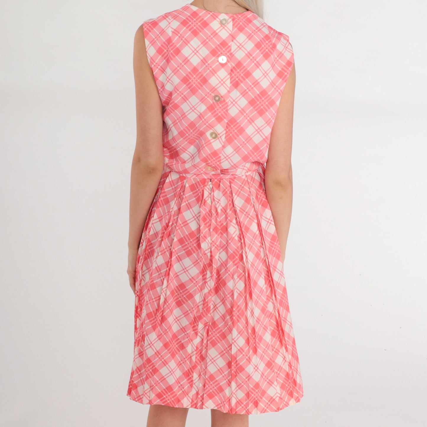60s Pink Plaid Mini Dress Sleeveless High Waist Pleated Sundress Extra Small
