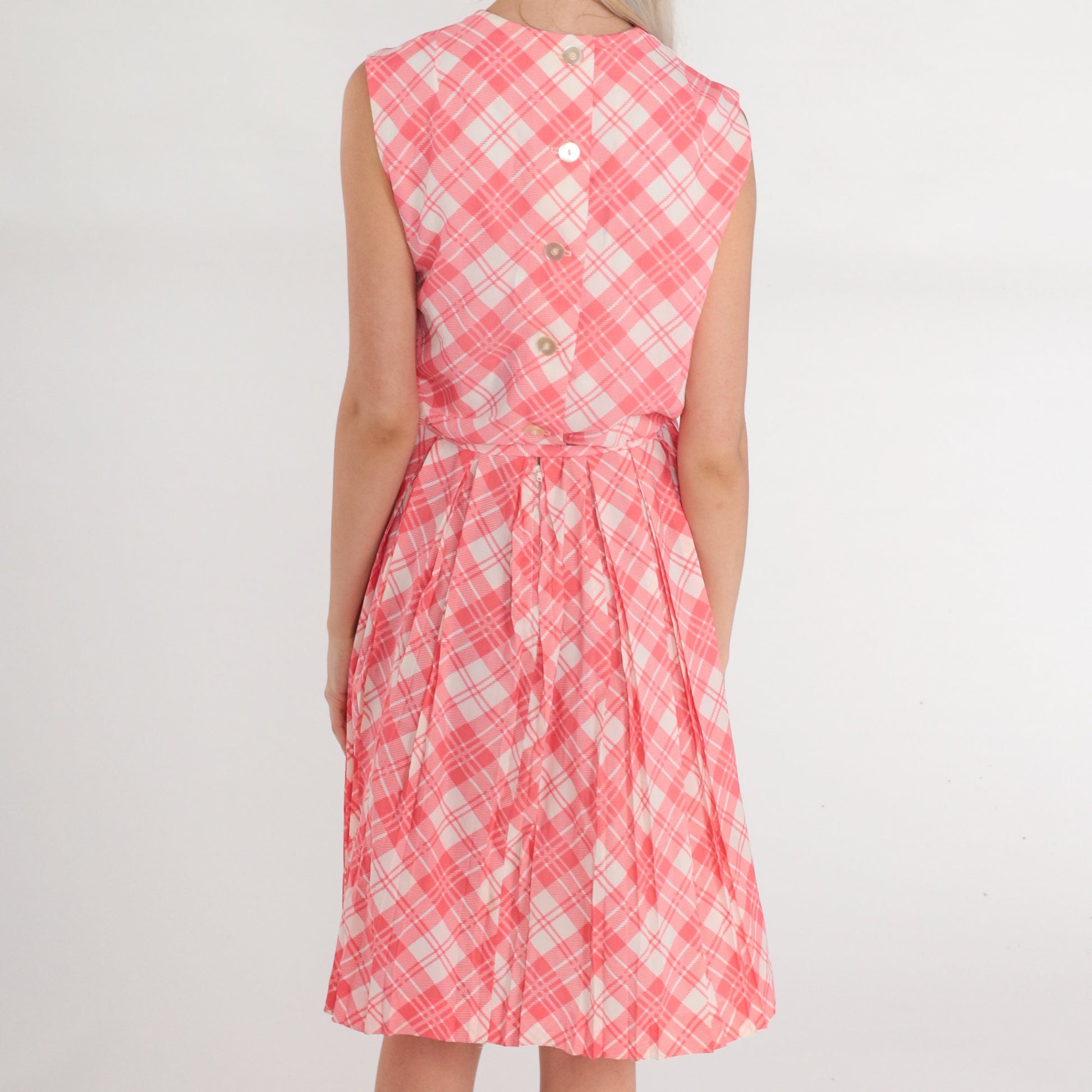 60s Pink Plaid Mini Dress Sleeveless High Waist Pleated Sundress Extra Small