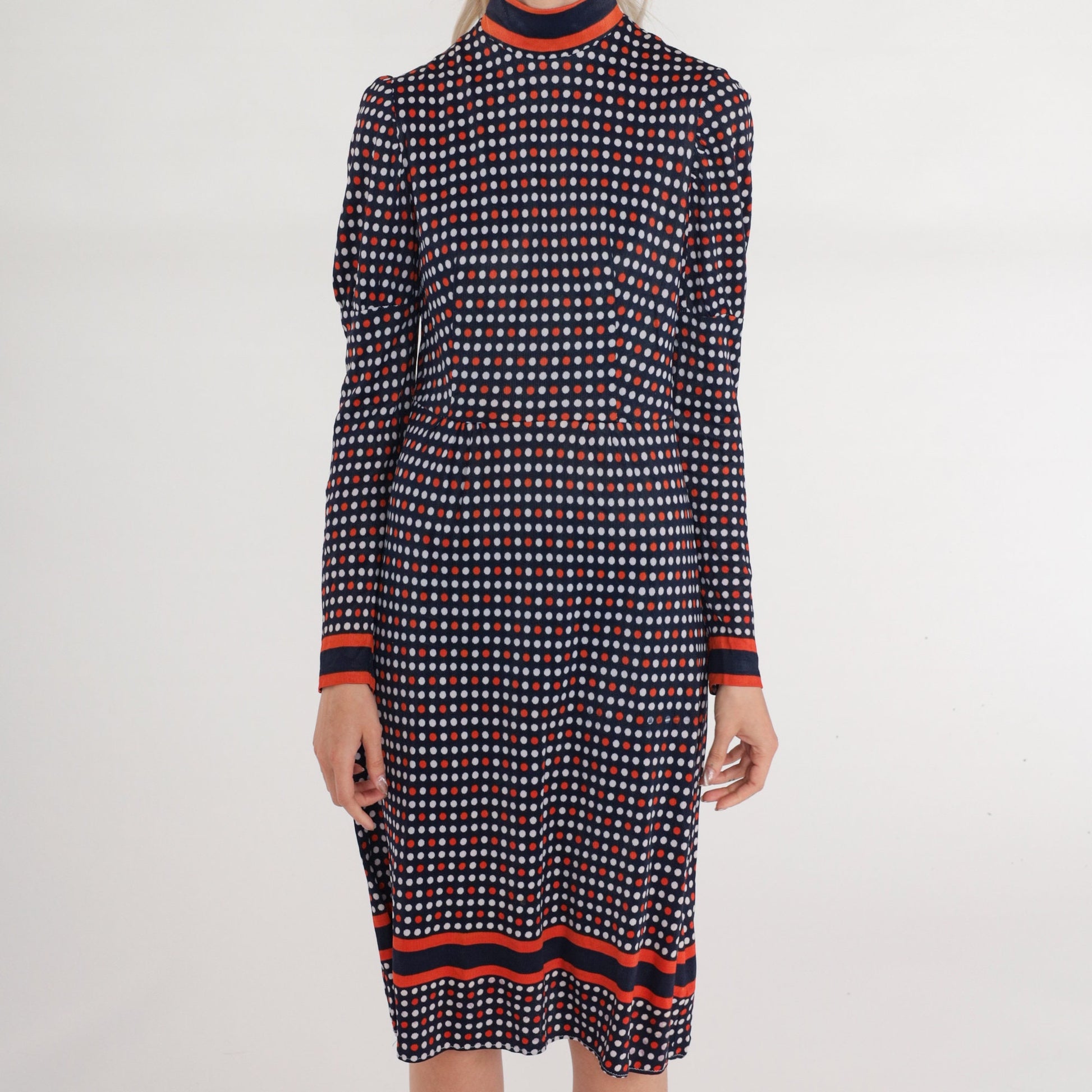 1960s Mod Polka Dot Dress Navy Blue Red White Puff Sleeve Mock Neck Small S