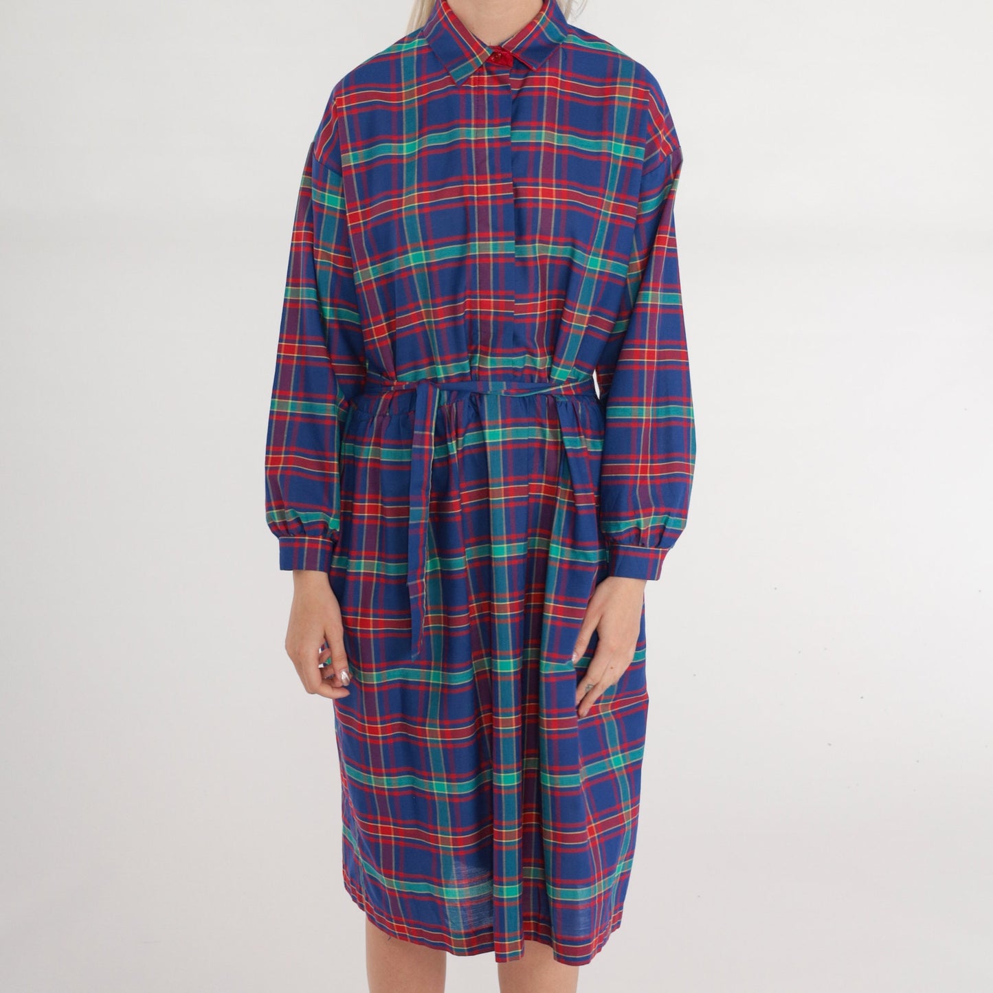 80s Plaid Button-Up Midi Dress High Waist Collared Shirtdress Blue Red Green Medium