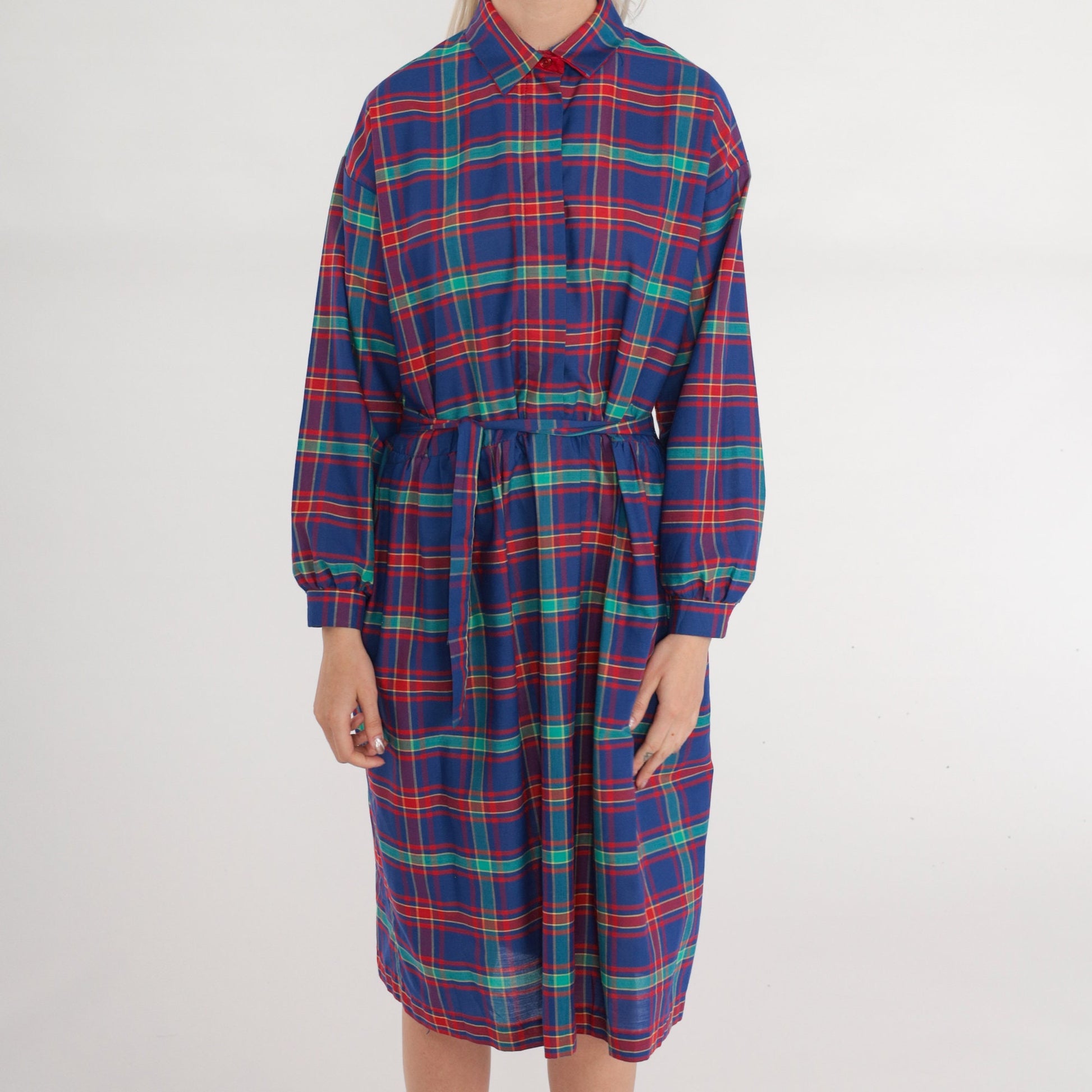 80s Plaid Button-Up Midi Dress High Waist Collared Shirtdress Blue Red Green Medium